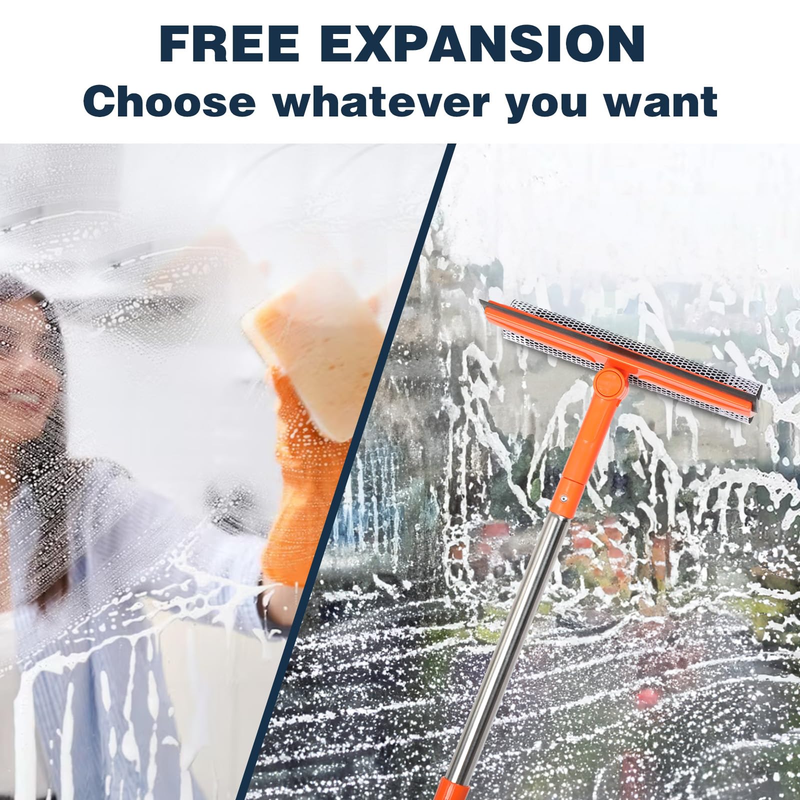 Professional Window Squeegee,2 in 1 Squeegee Window Cleaner with Long Stainless Steel Handle,Sponge Car Window Squeegee for Gas Station, Glass,Shower,Outdoor High Window Cleaning (long pole)