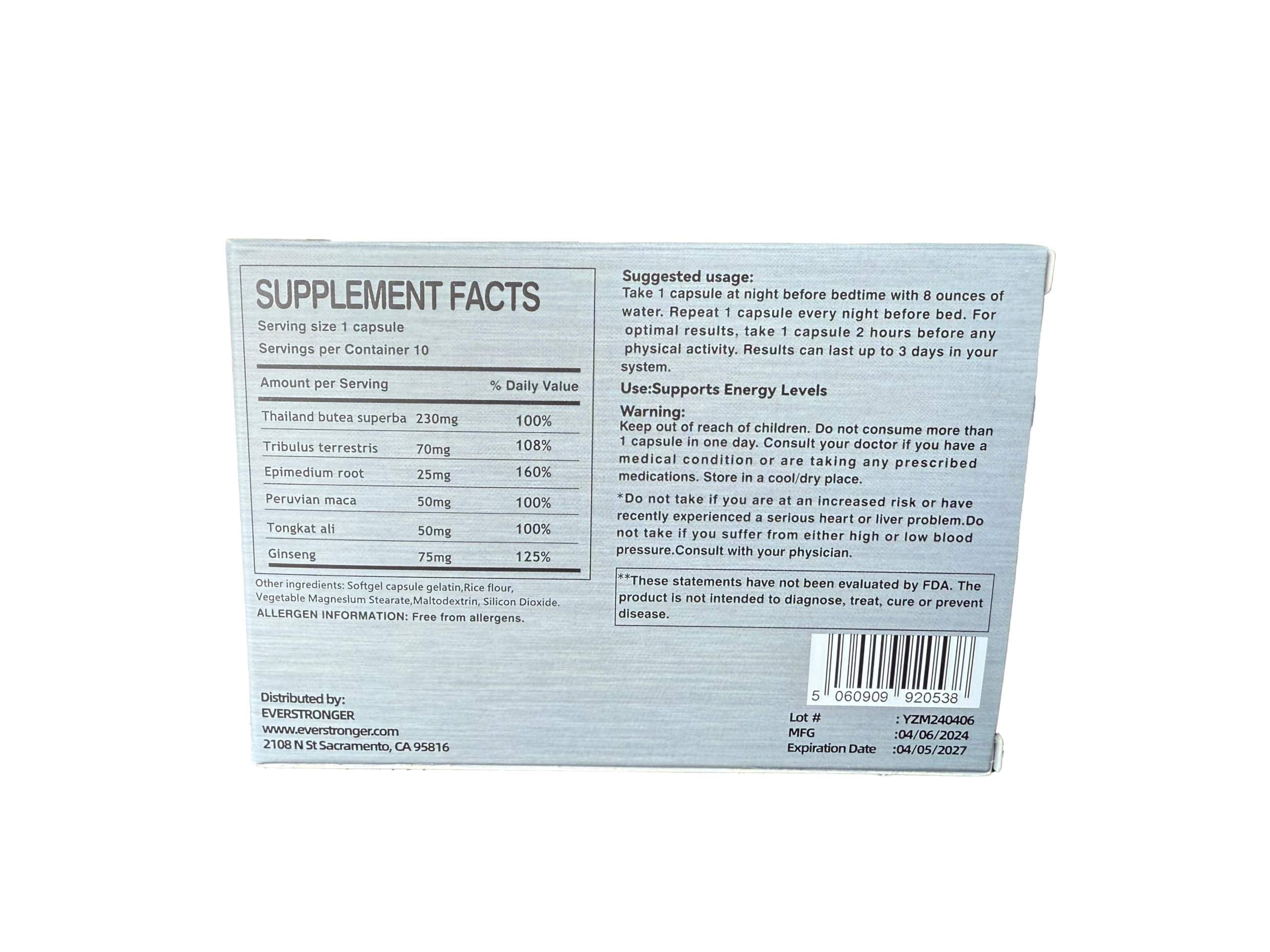 EVERSTRONGER Men’s Vitality Supplement with Butea Superba – Helps Boost Energy, Strength, and Endurance – 10-Pack