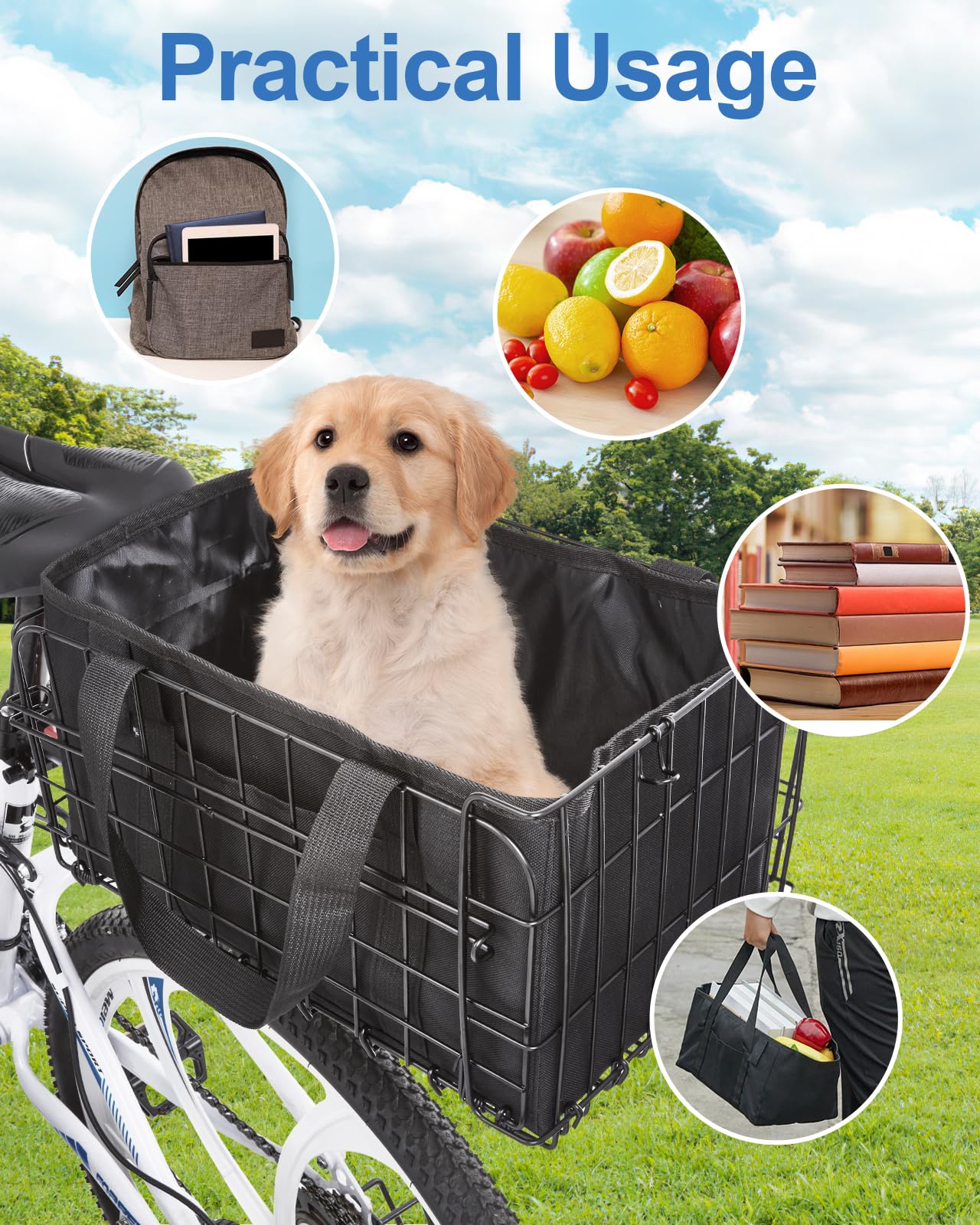 Zacro Bike Basket Front/Rear, Folding Bicycle Basket with Removable Liner Bag, Large Quick Release Design Metal Ebike Basket for Adult Women/Men Carrying Dogs, Pets, Fruit & Grocery