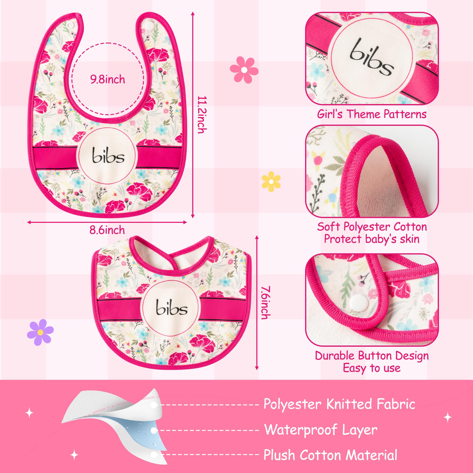 2ooya 7Pcs Cotton Waterproof Baby Bib Pink Unisex Boy Girl Baby Bibs with Snaps Newborn Baby Toddler Infant Food Bib Keepsake Baby Shower Party for Drooling Feeding Eating Teething, 6-12 Months