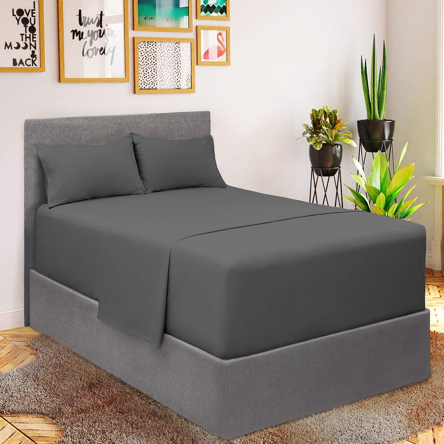 Mellanni Extra Deep Pocket Sheet Set + Waterproof Mattress Pad Bundle - Queen, Gray & White