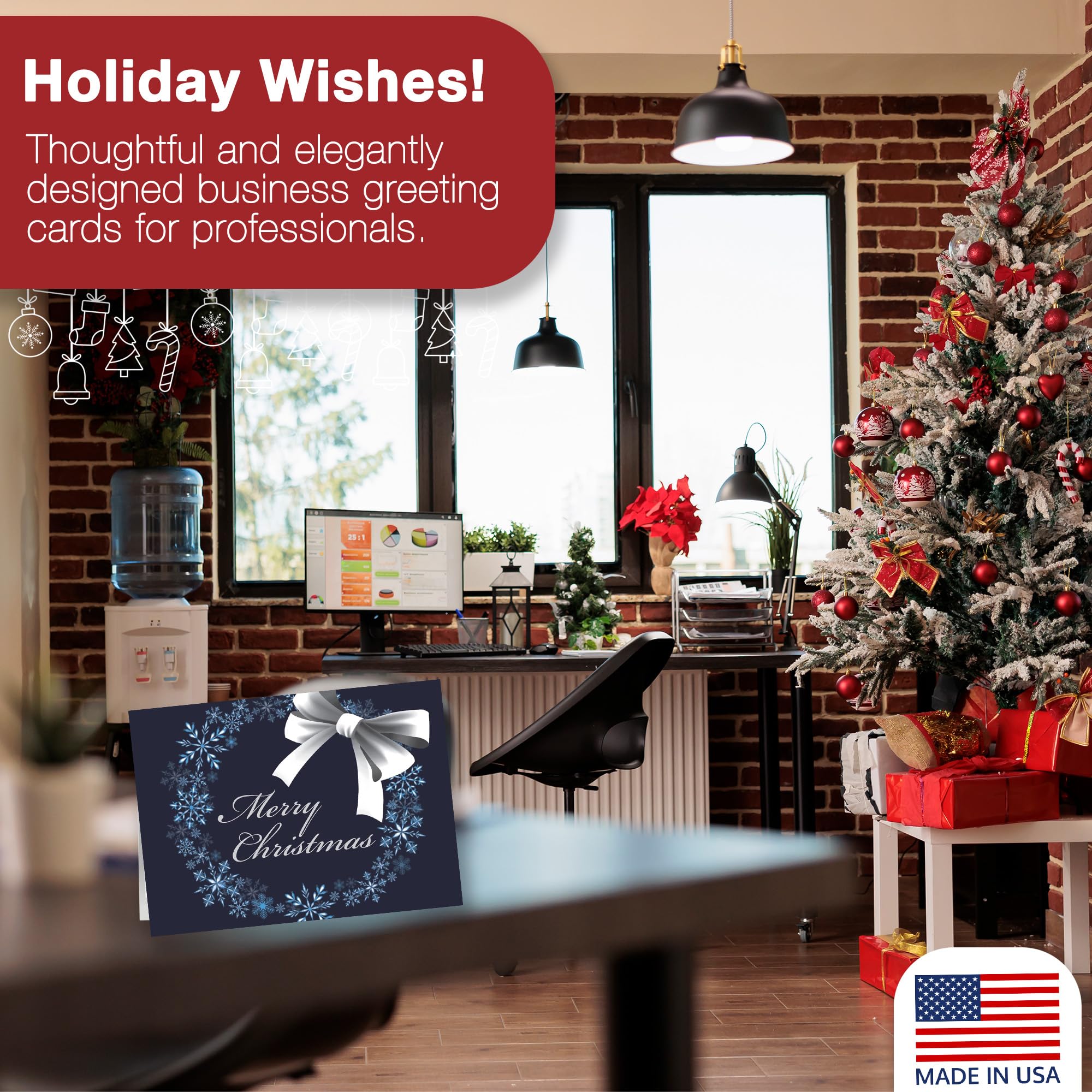 Merry Christmas Cards for Business & Family (Snowflake Wreath) Bulk Greeting Card Set Pack of 25 Christmas Cards with Envelopes (5x7 inch - A7) Great for Office, Work, Employees & Clients H1606