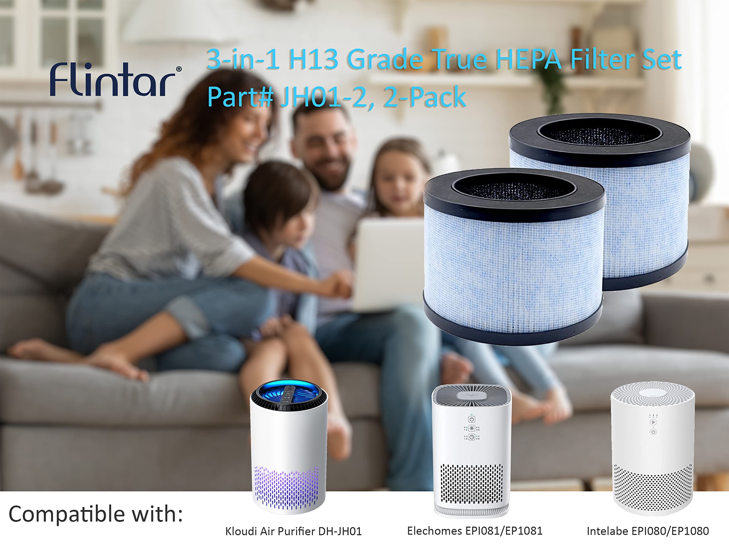 Flintar MK01 Replacement Filter, Compatible with AROEVE MK01 MK06 and Kloudi Air Purifier DH-JH01, TZ-K1, Intelabe EPI080, and Elechomes EPI081, 2-Pack