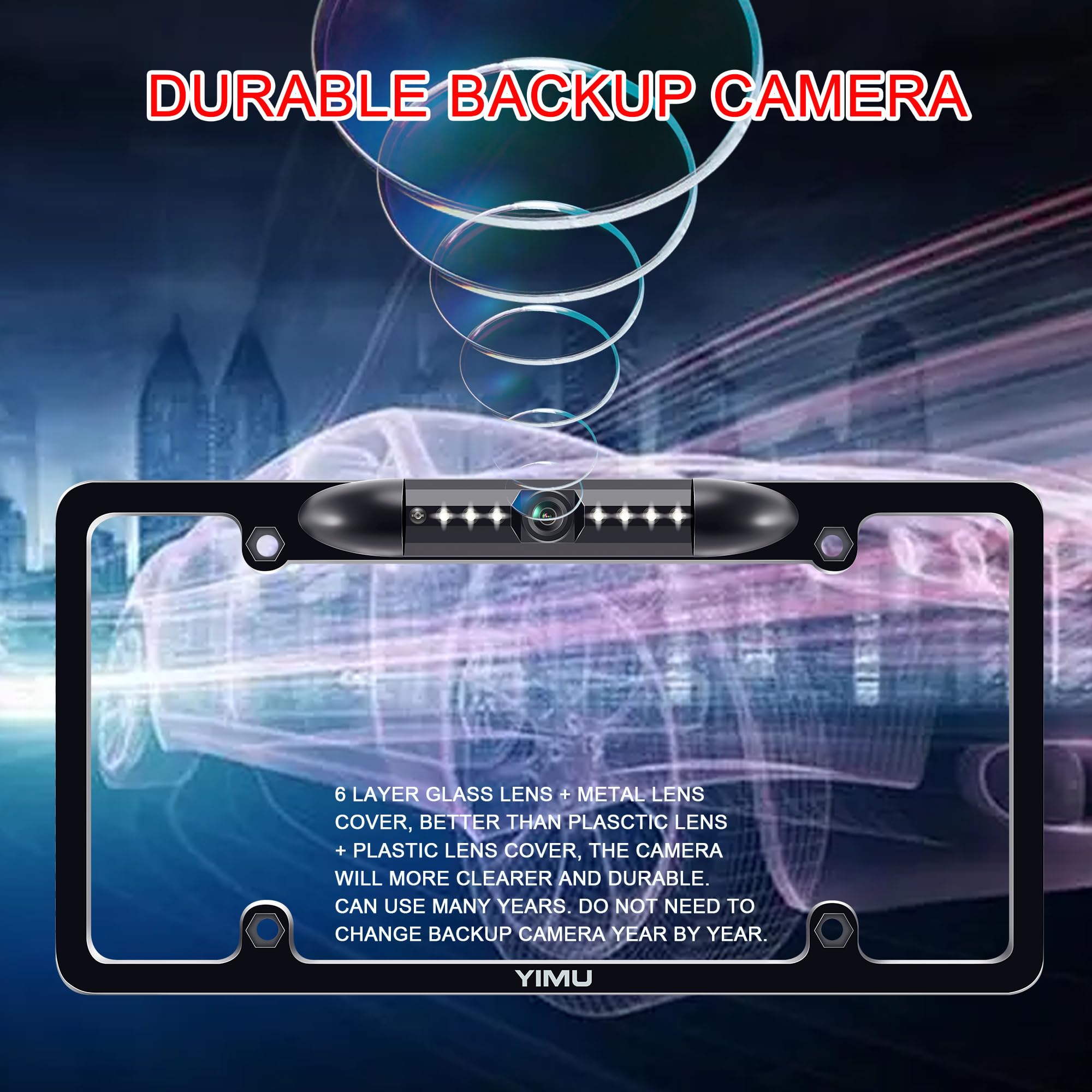YIMU License Plate Frame Backup Camera HD Rear View Reverse Camera with 7 LED Night Vision 150 Degree Viewing Angle, Waterproof, for Cars/SUV/Pickup/Truck/Van/RV/Trailer Single Power Rear View System