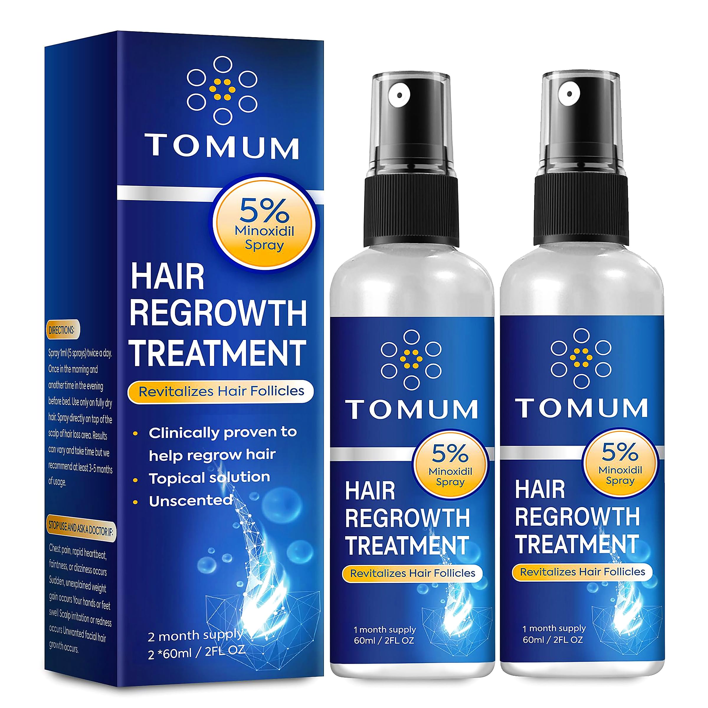 Minoxidil for Men and Women Hair Growth: 5% Minoxidil Topical Spray Hair Regrowth Treatment Stop Hair Thinning and Hair Loss For Stronger Thicker Longer Hair 60ml 2 Pack