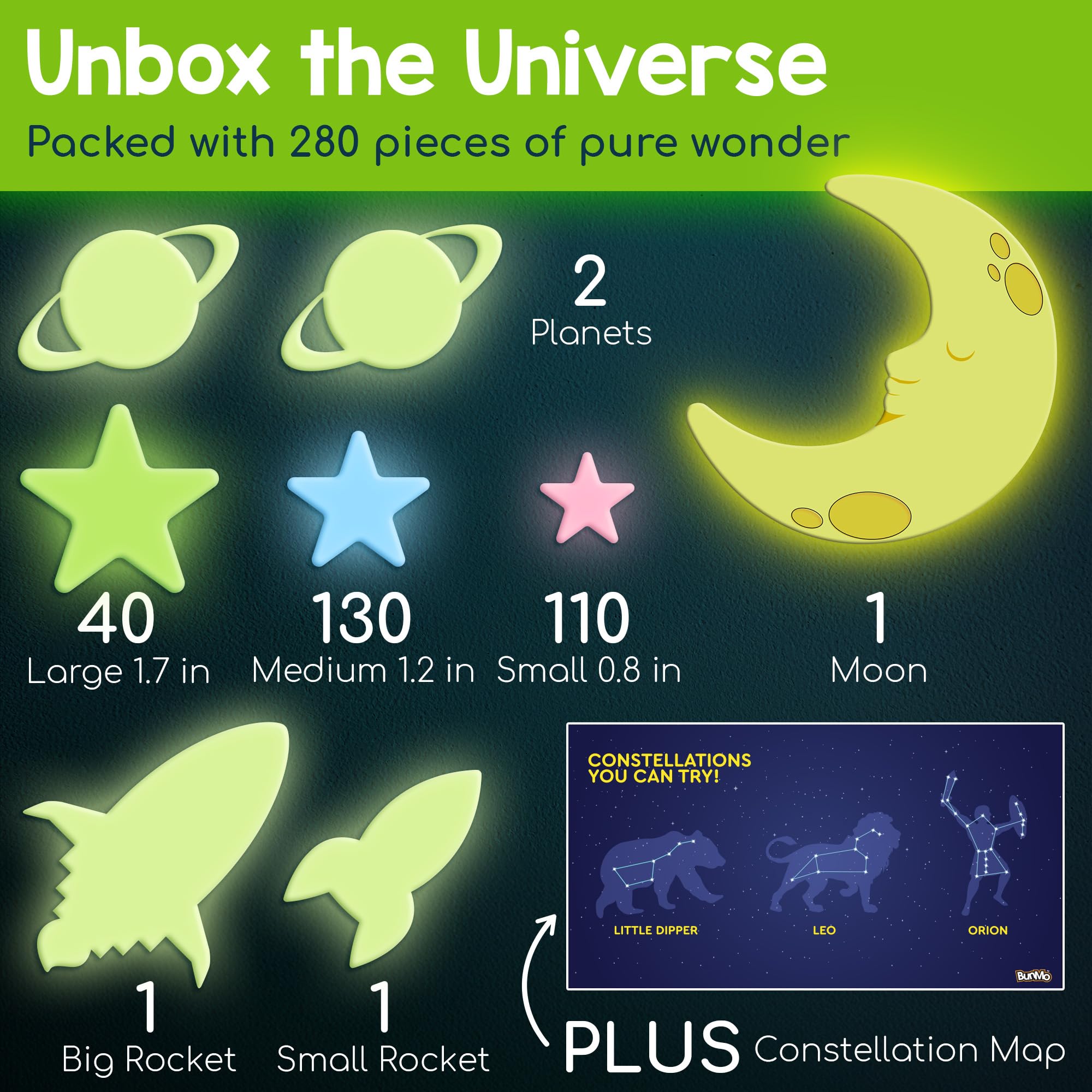 BUNMO 280 Piece Glow in The Dark Stars - Stocking Stuffers for Kids - Glow Stars for Ceiling – Long Lasting Non-Toxic Decals with Moons & Planets for Kids Bedroom, Nursery & Room Decor