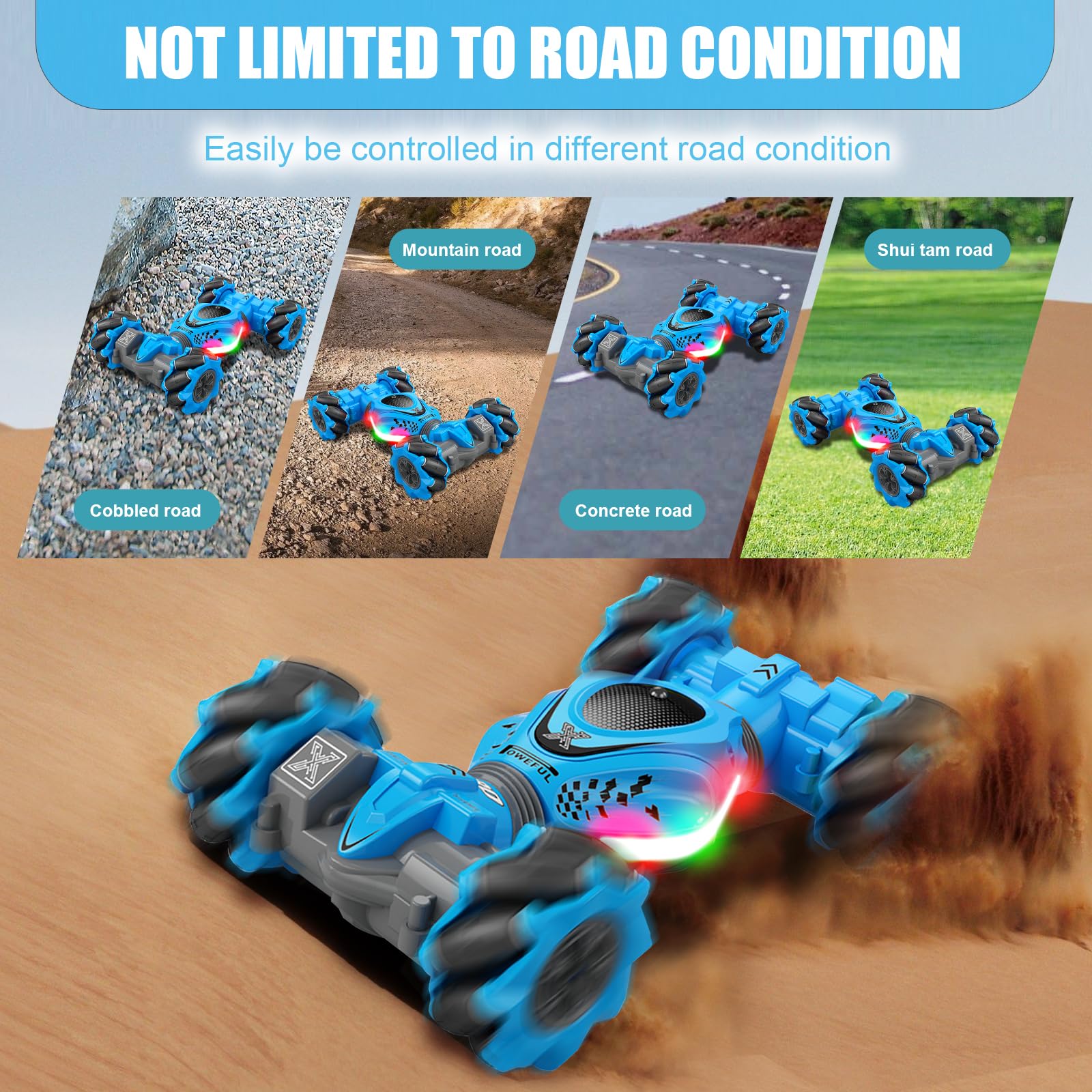 Weocar Gesture RC Car, 4WD High Speed Drift Stunt Car, 2.4Ghz Remote Control Cars Gesture Sensor, 360° Rotating Twist Offroad Cars w/Music Lights, Age 6-12 Boys Girls Birthday Gifts Xams, Blue