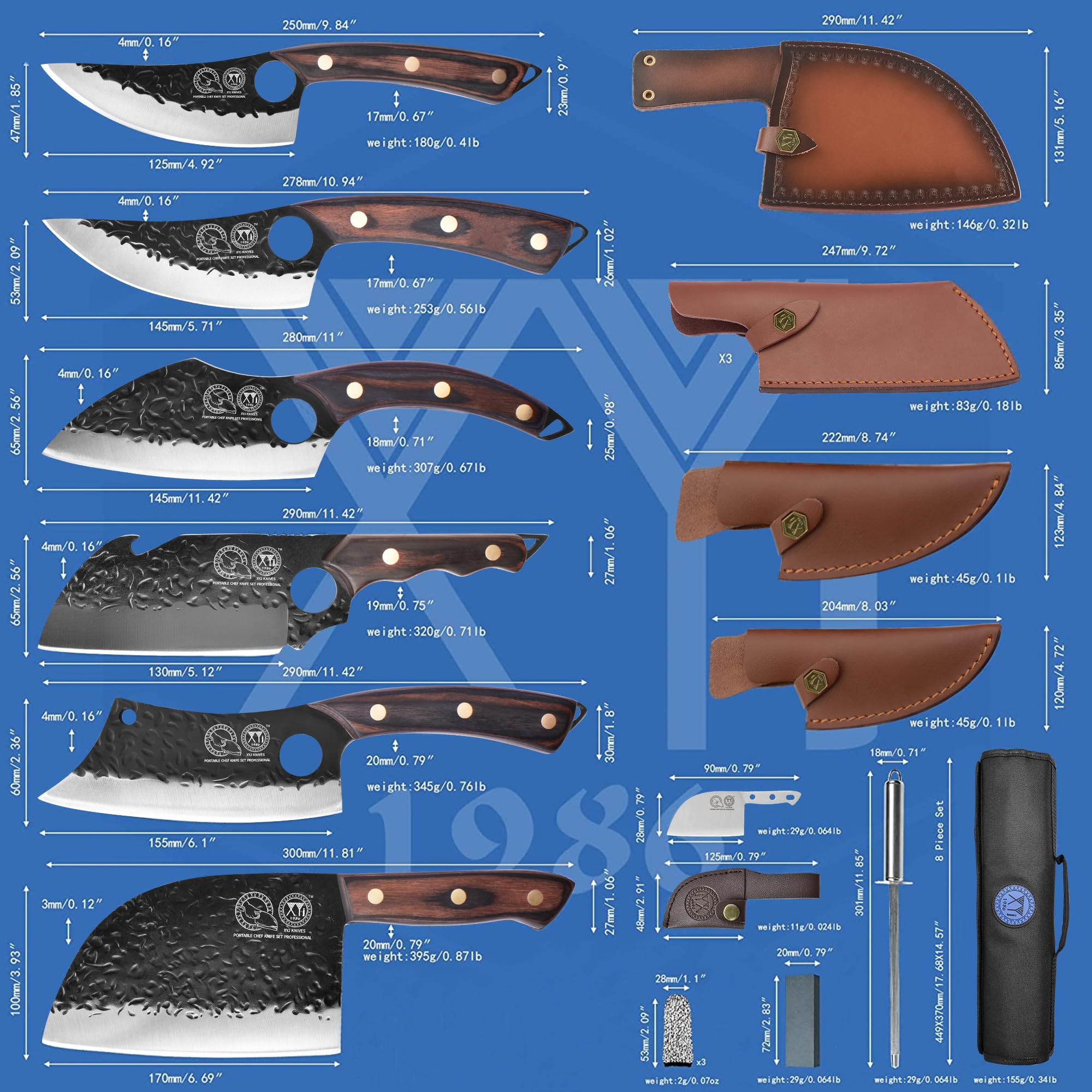 XYJ FULL TANG Camping Knives Set Chinese Butcher Vegetable Chef Knives Slice Boning Knives With Leather Sleeves&Roll Bag&Kitchen Tools