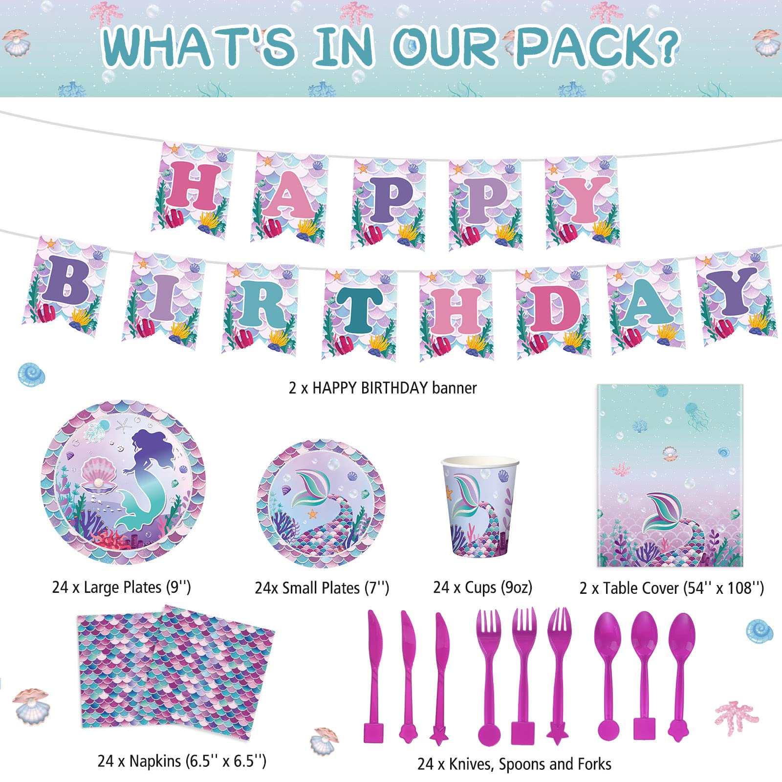 172 Pcs Mermaid Party Supplies Mermaid Birthday Set for Girls, Including Plate, Napkin, Cup, Knife Fork and Spoon, Tablecloth Set for Mermaid Under the Sea Baby Shower Party Decor, Serves 24 Guests
