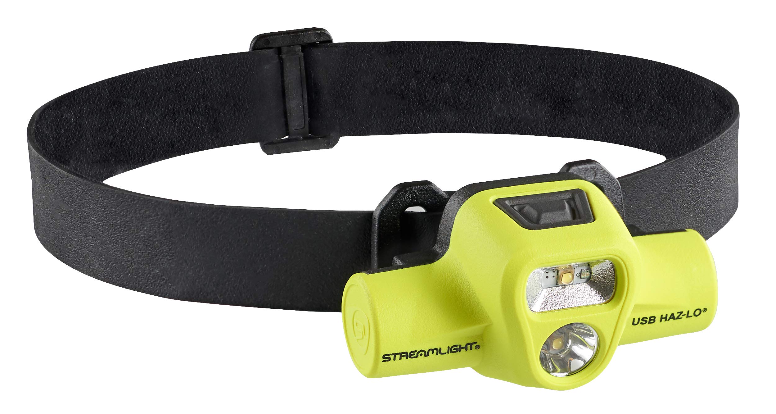 Streamlight 61460 USB HAZ-LO 250-Lumen Intrinsically Safe Headlamp with 120V AC Charging System, Elastic Head Strap, Rubber Hard Hat Strap, and 3M Dual Lock Fasteners, Yellow