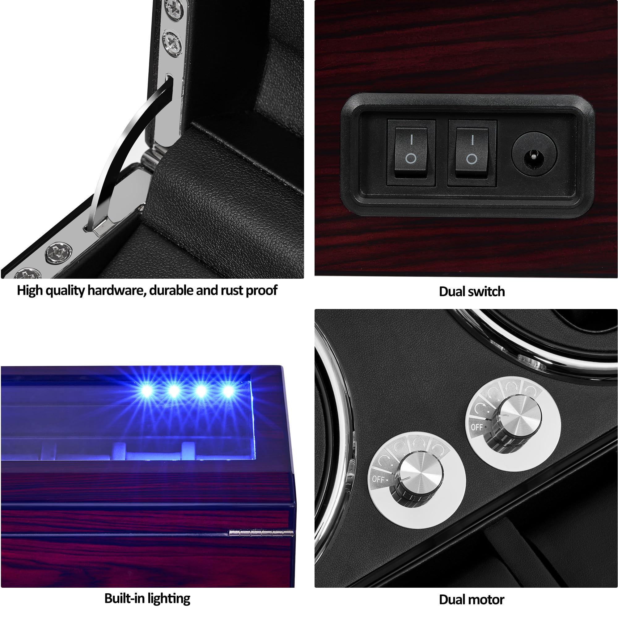 ANWBROAD Watch Winder for Automatic Watches 4 Watch Rotator and 6 Extra Storages with Super Quiet Mabuchi Motor LED Backlight Watch Turner Piano Paint Watch Shaker 5 Rotating Modes Gift USB UJWW002Y