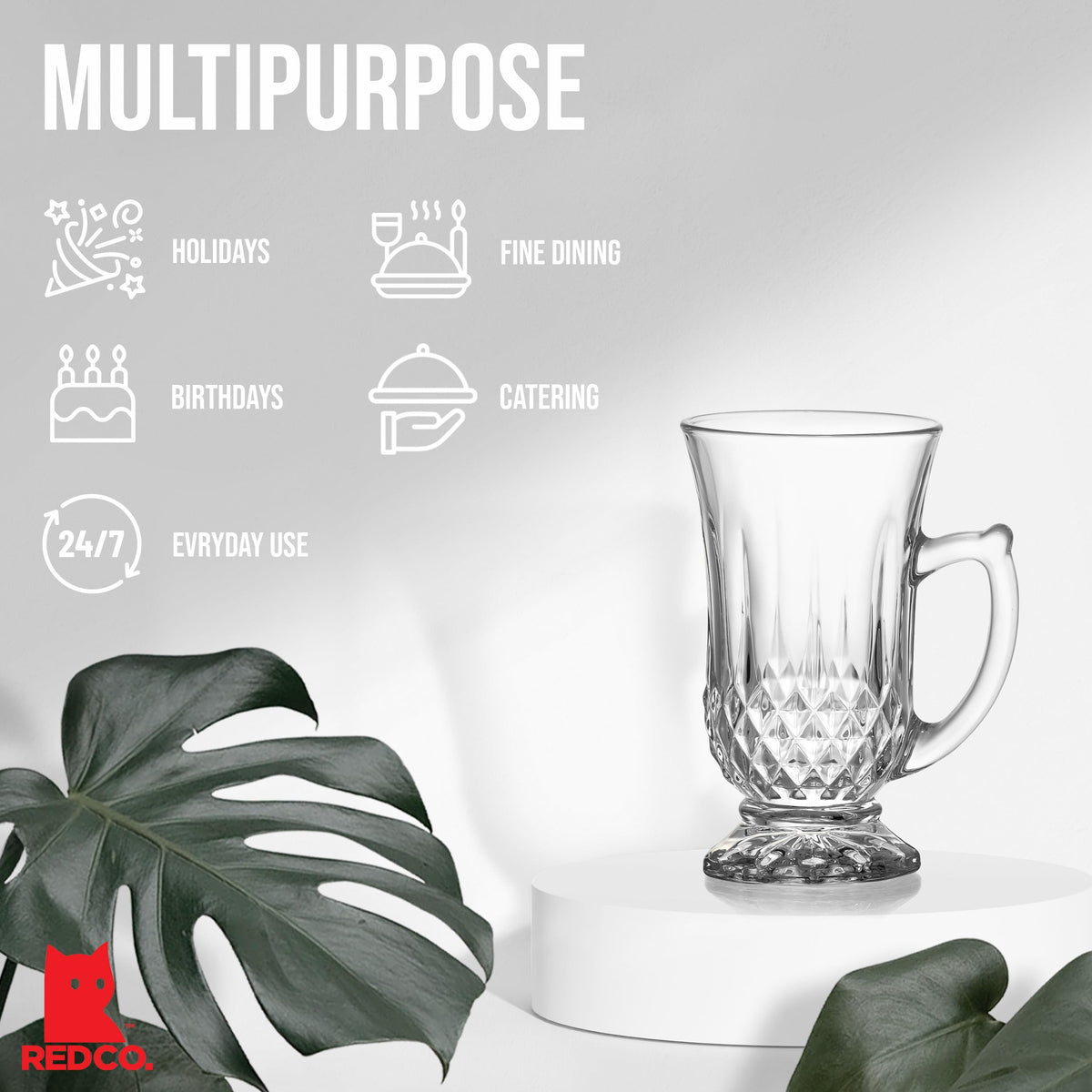 Red Co. 6-Pack Classic Clear Cut Glass 4.5 Oz Footed Turkish Tea Cups with Handles, Etched Design