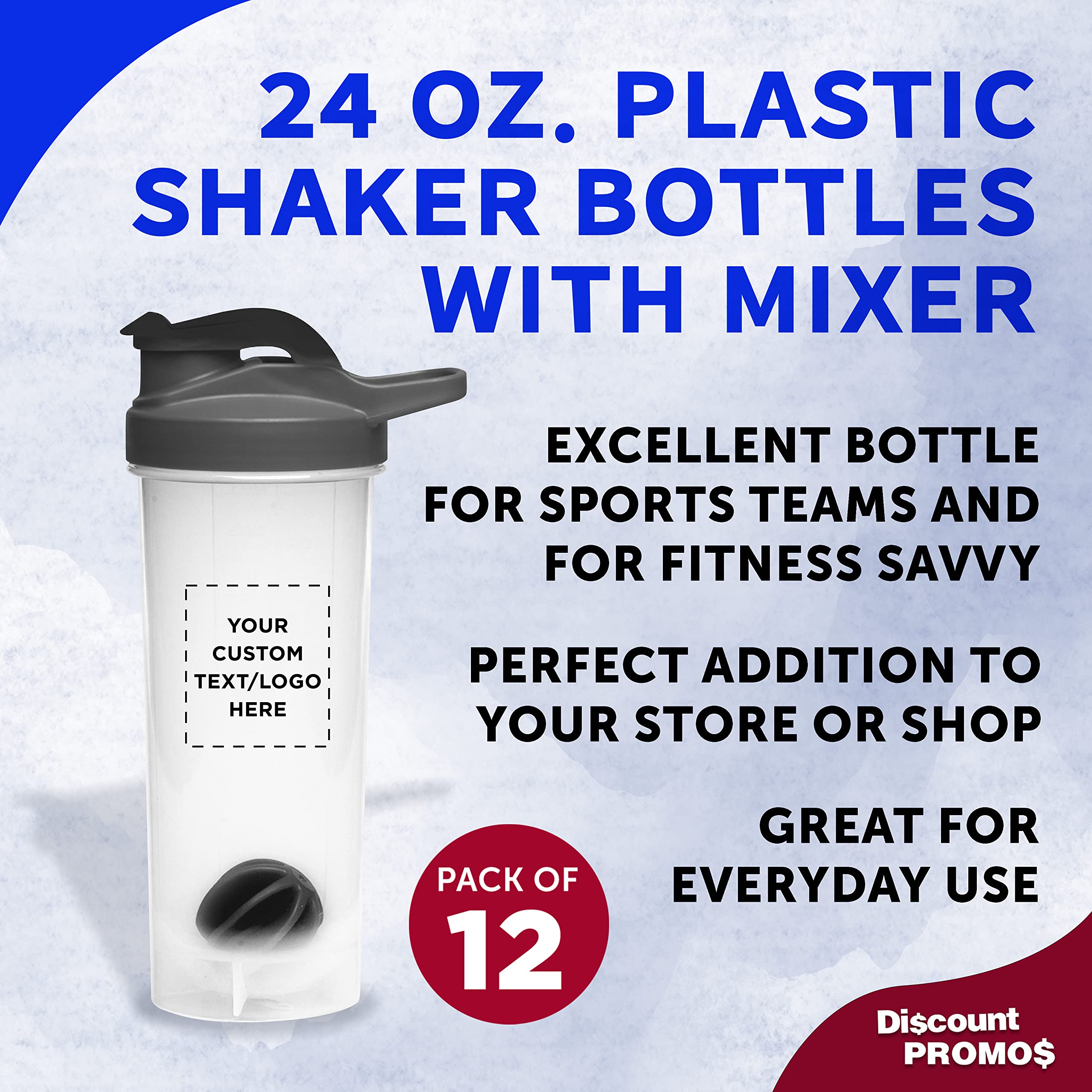 DISCOUNT PROMOS Custom Plastic Shaker Bottles with Mixer 24 oz. Set of 12, Personalized Bulk Pack - Perfect for Protein Shake, Smoothie and More! - Black