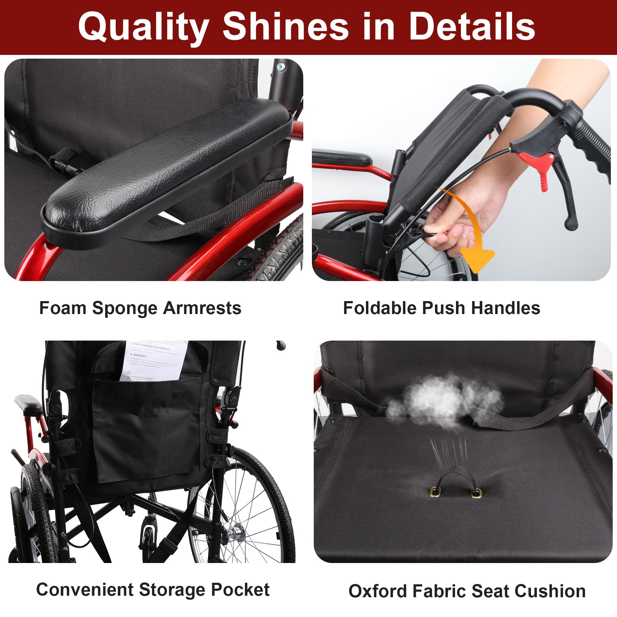 ProTraverse Wheelchairs for Adults,self-propelled Transport Chair,Foldable and Portable Travel Wheelchair with Swing-Away Footrests,Lightweight Transfer Wheelchairs for Adults adnd Seniors(Red)