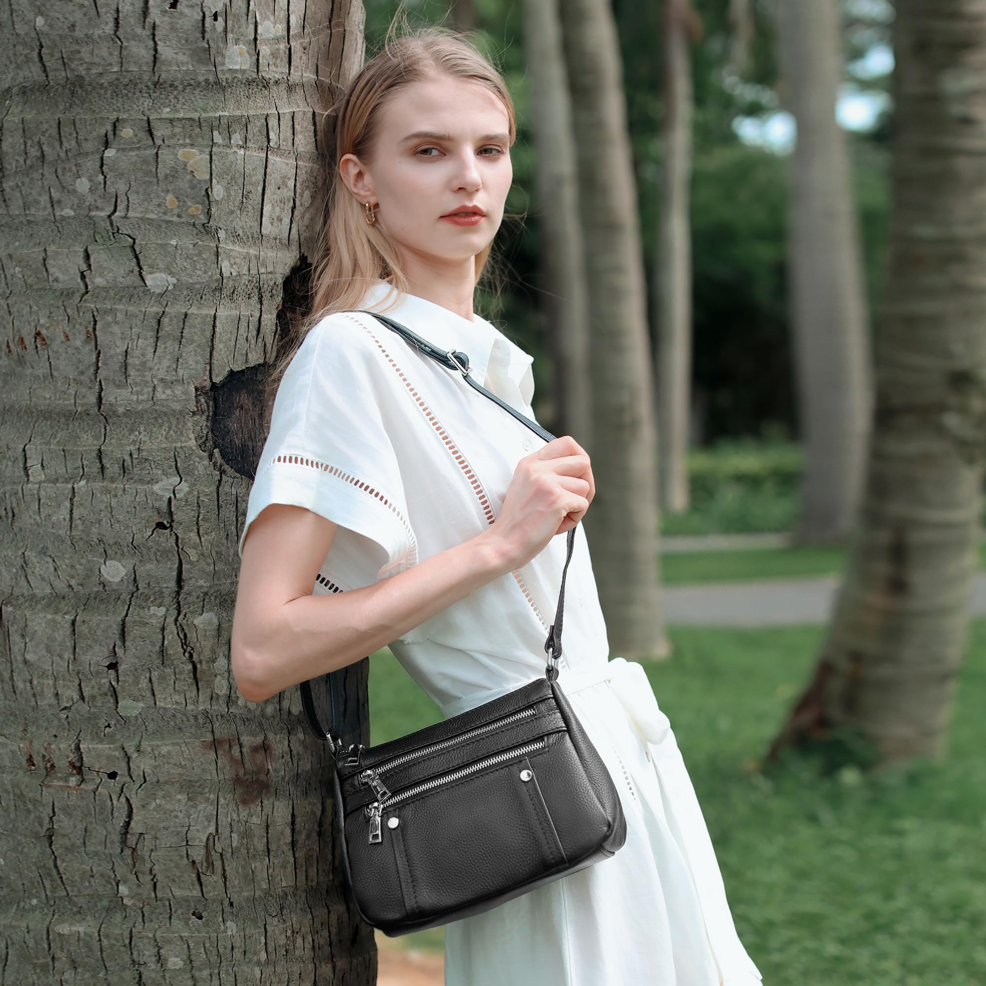 befen Black Genuine Leather Small Crossbody Bags Purses for Women Pocketbooks Shoulder Purse Satchel Bag with Multi Zipper Pockets