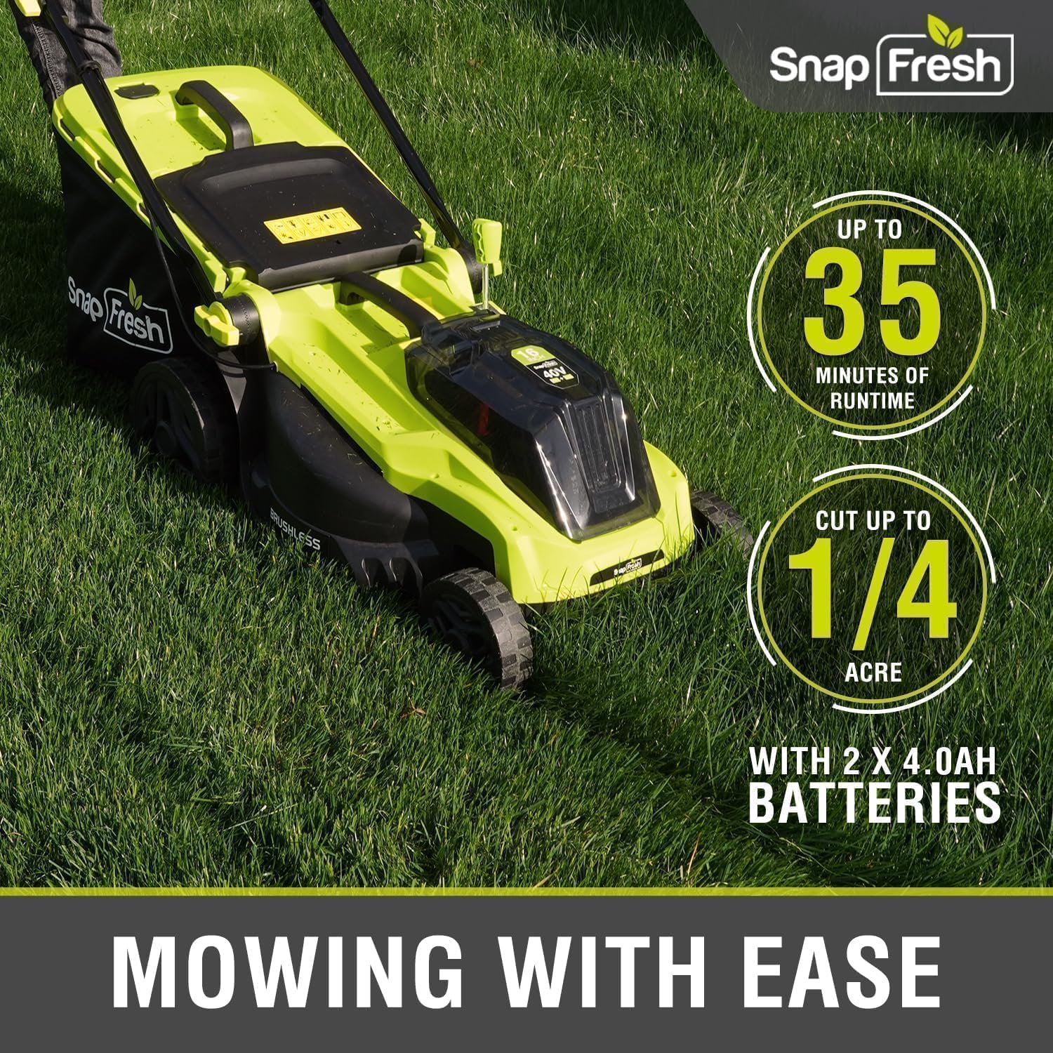 SnapFresh Electric Lawn Mower Cordless - 40V (2 x 20V) 16” Brushless Push Lawn Mowers with 4.0Ah Battery x 2 and Fast Charger Included - Battery Operated Lawn Mower with Bagger