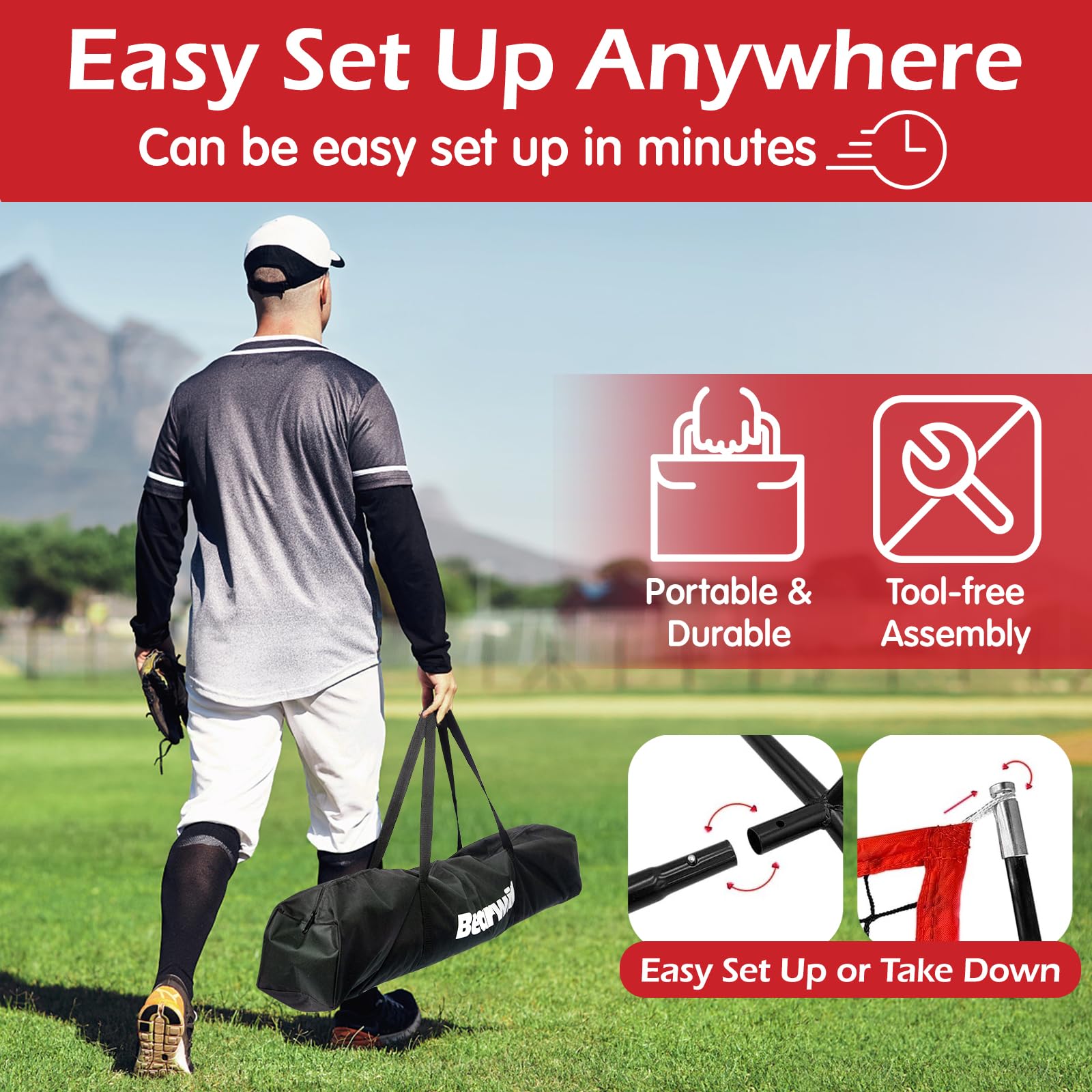 Bearwill Baseball Net, 7x7ft Baseball Softball Pitching Net with Large Ball Collection System, Hitting Net Batting Net with Tee, 2 Strike Zones, Carry Bag, Baseball Nets for Batting Hitting Pitching