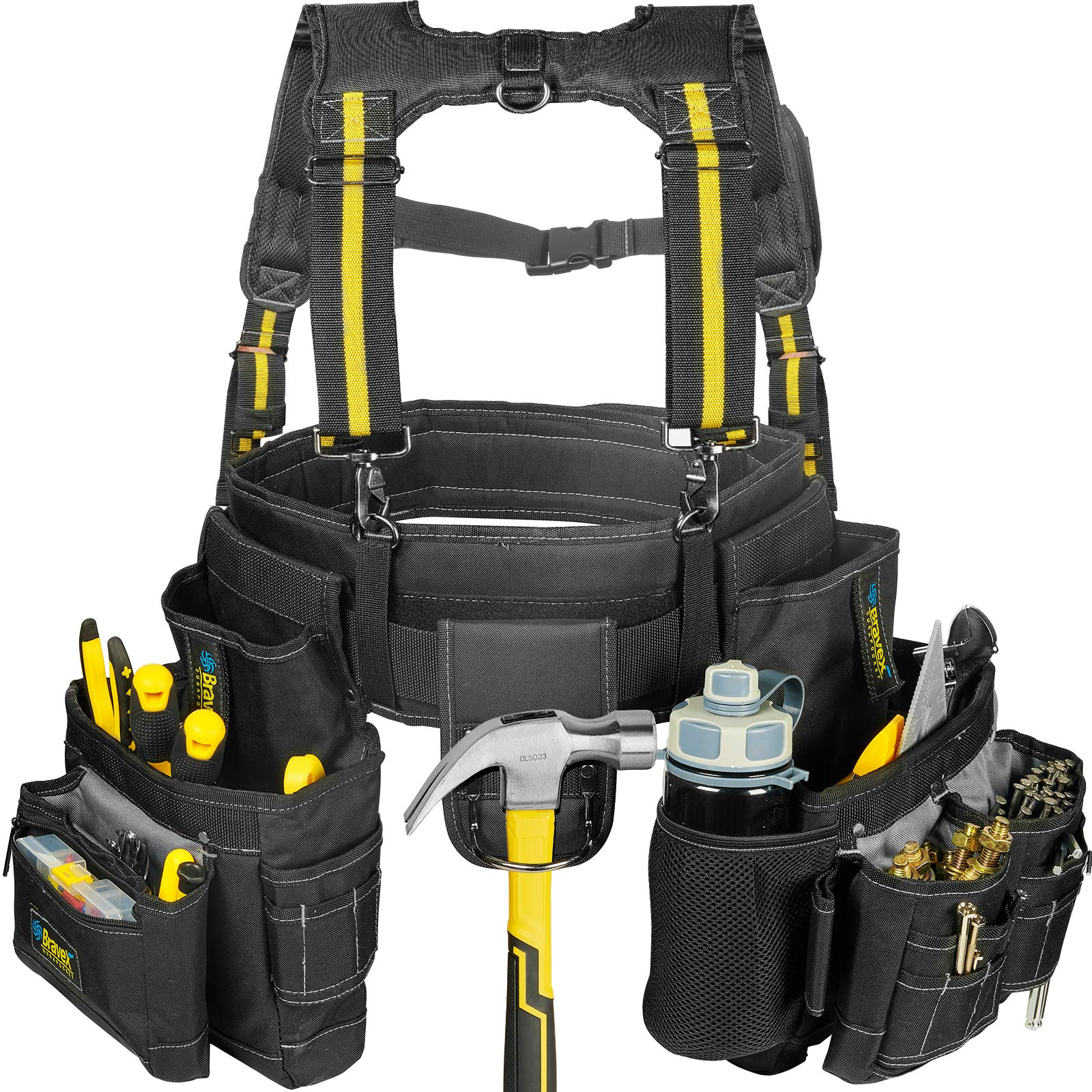 MegaFlint Tool Belt Suspenders Tool Vest Ultra Anti-Wear Tool Belt 20-Pocket Pro Framer's Combo Apron Tool Belt and Yoke-style Suspenders-1200D for Men