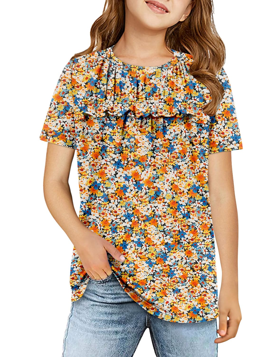 storoefbaby Floral Short Sleeve Shirts for Girl Tween Loose Ruffle Tunic Tops