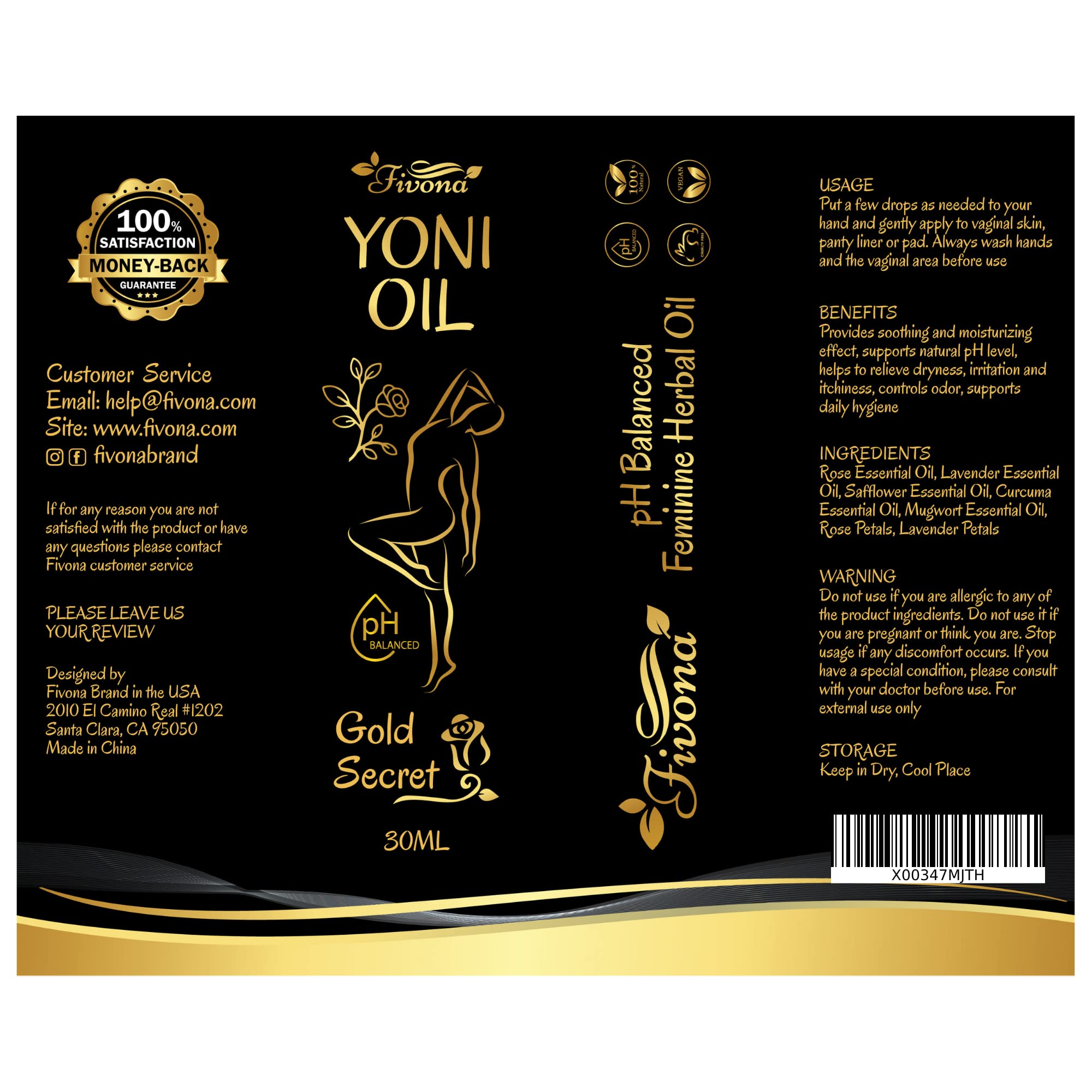 Fivona Yoni Oil Gold Secret for Soothing Feminine Care - Natural Blend of Essential Oils - Moisturizing Herbal Oil Blend for After Wash Care