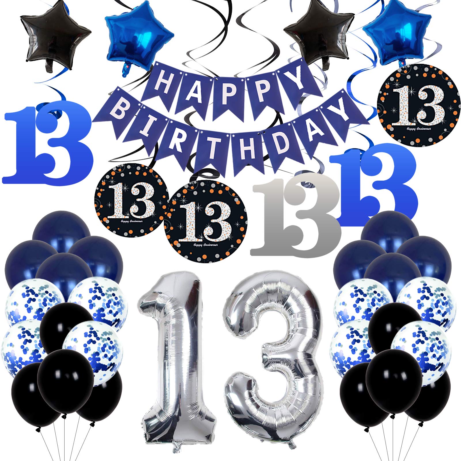 13th Birthday Decorations for Boys Dark Blue, HAPPY BIRTHDAY Banner and Silver Number 13 Balloons, Deep Blue Theme Party for Girls - 13 Years Old Birthday Party Supplies Kit for Teenager and Kids