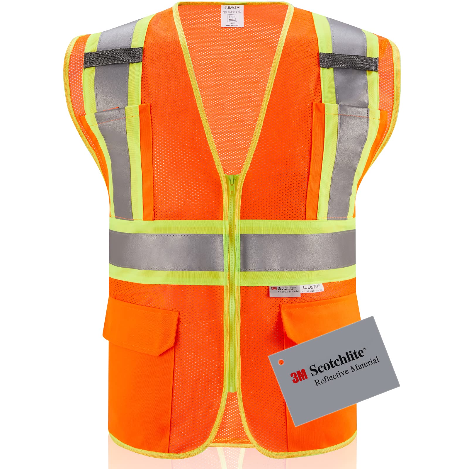 SULWZM 3M High Visibility Reflective Safety Vest with Zipper and Pockets Orange,M