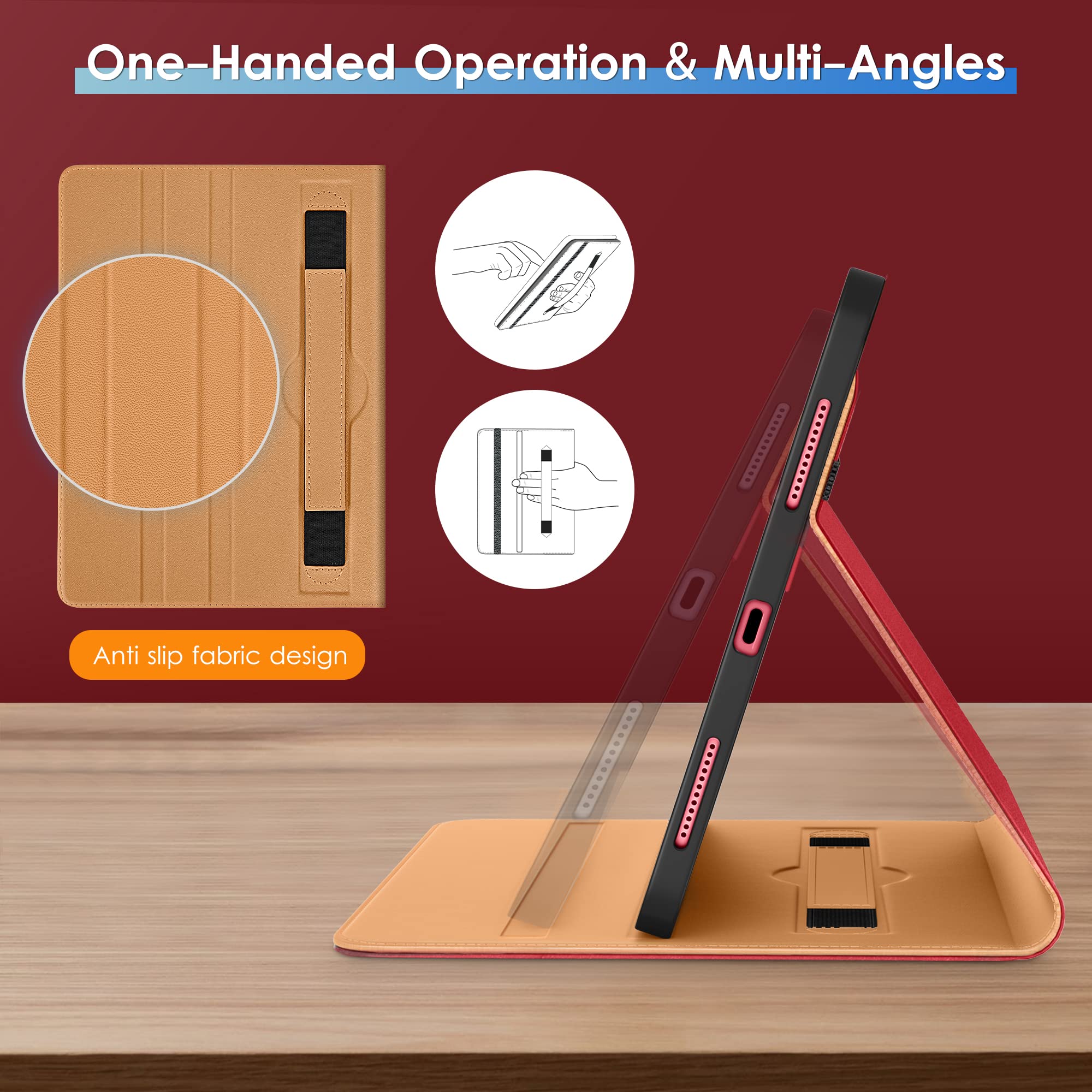 DTTO Rotating Case for iPad 10th Generation 10.9 Inch 2022, 360 Degree Rotating Premium Leather Folio Stand Protective Cover with Pencil Holder - Auto Wake/Sleep and Hand Strap, Red