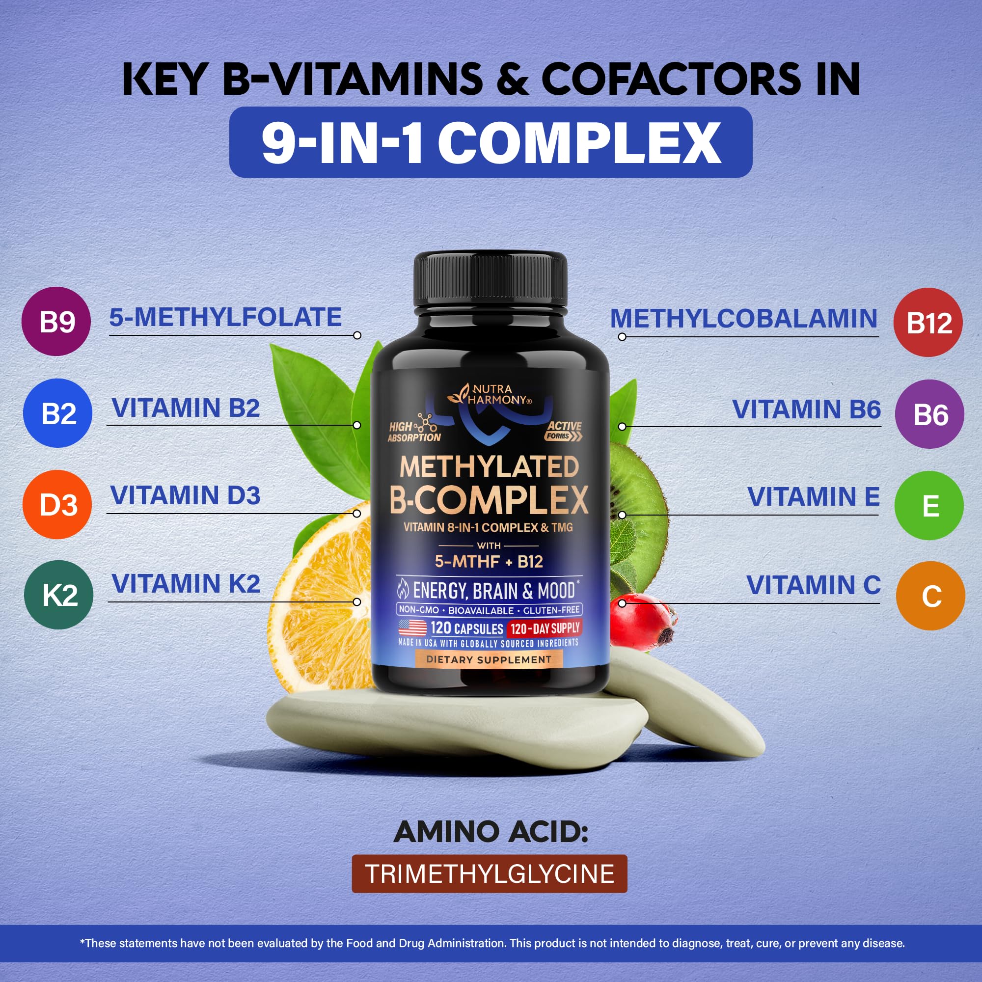 Vitamin B Complex Methylated - B-Complex with Methylfolate & B12 - Bioavailable for Men & Women - 9-in-1 Methylated Multivitamin - Energy, Brain & Mood - Vegan - Made in USA - 120 Capsules, One/Day