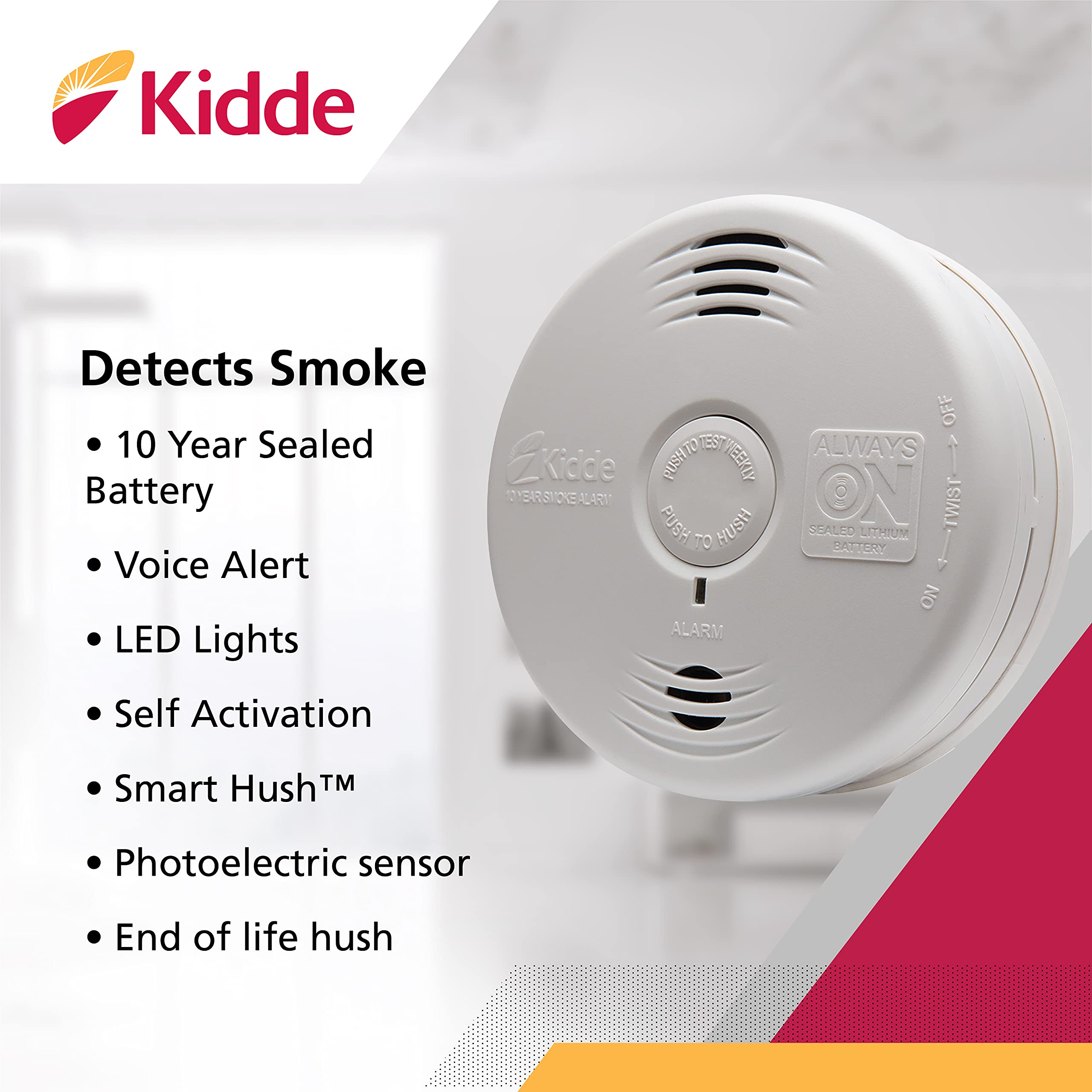 Kidde Smoke Detector, 10-Year Battery, Photoelectric Sensor Smoke Alarm, White