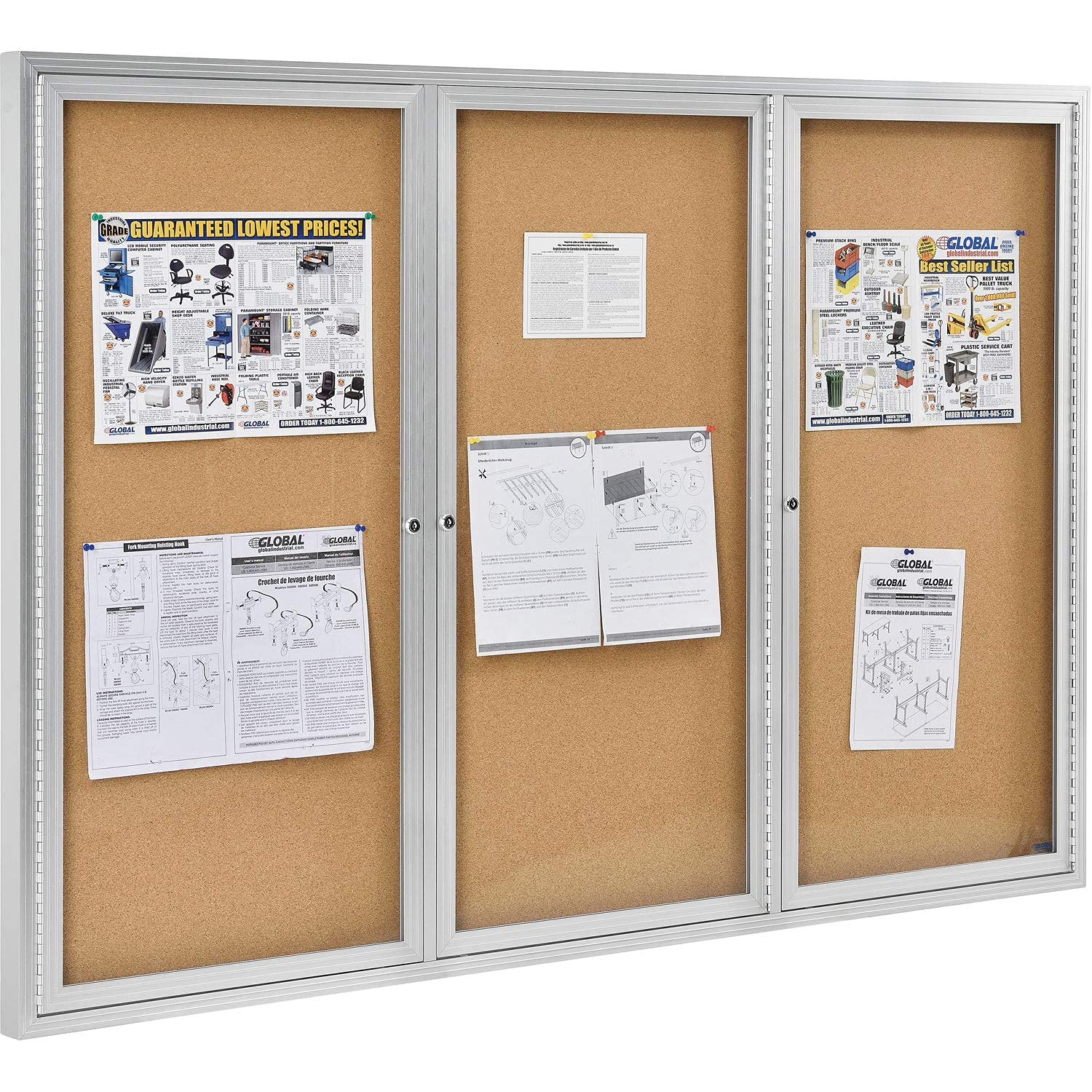 Global Industrial 3 Door Enclosed Bulletin Board, Cork, Aluminum Frame. 72" x 48"