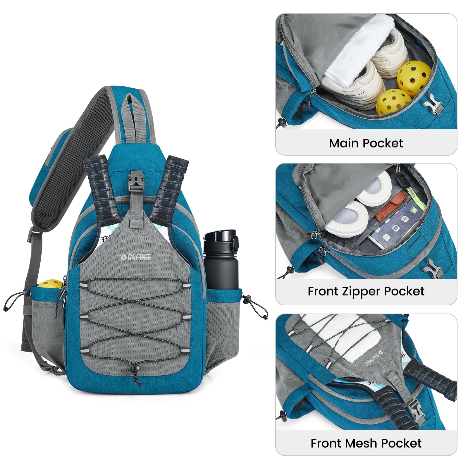 G4Free Pickleball Bag, Crossbody Sling Bag for Men Women, Pickleball Backpack, Pickle Ball Paddle Bag, Pickleball Gifts for Sports, Teal Blue