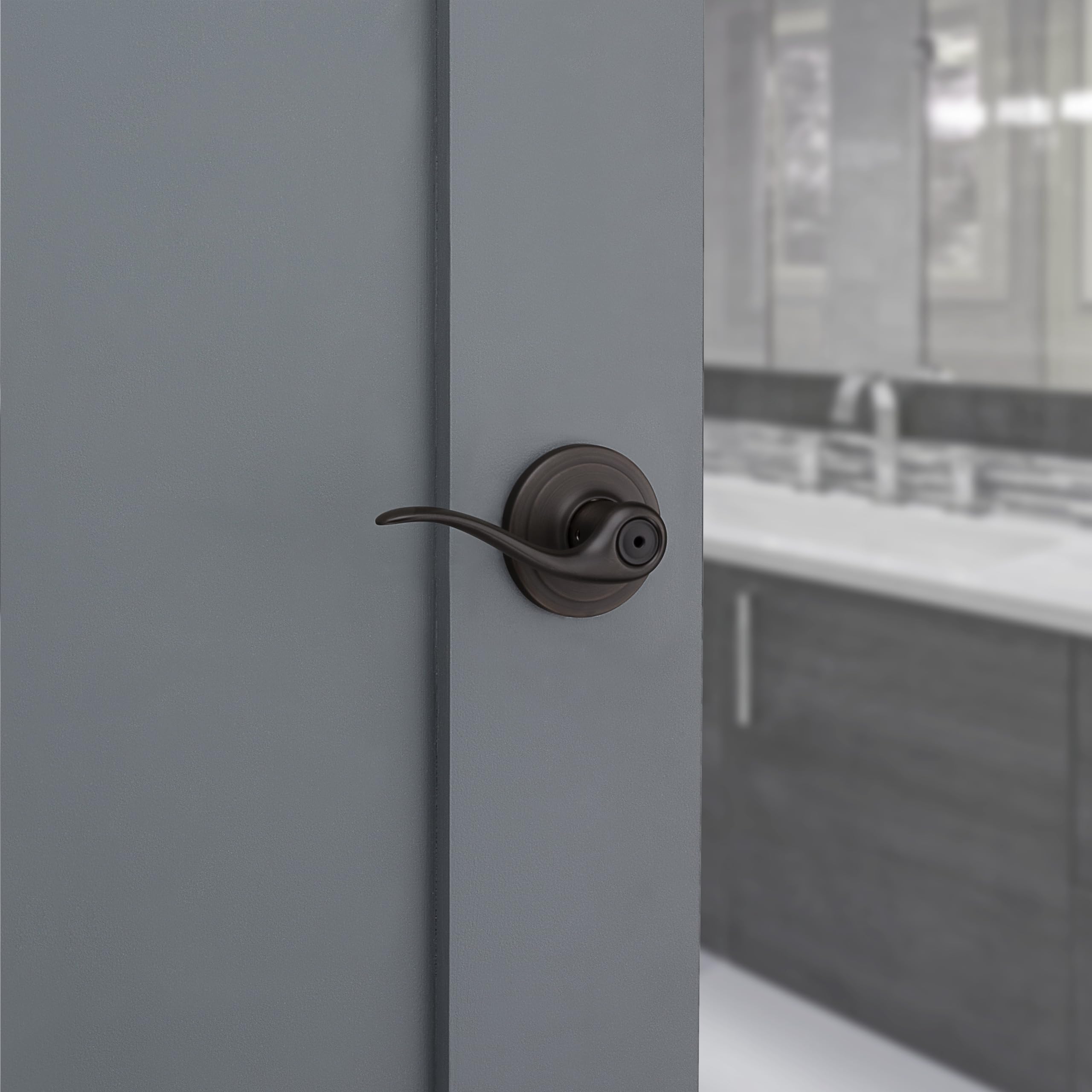 Kwikset Tustin Interior Privacy Door Handle with Lock, Metal, Door Lever For Bathroom and Bedroom, Venetian Bronze Reversible Keyless Turn Lock, with Microban Protection