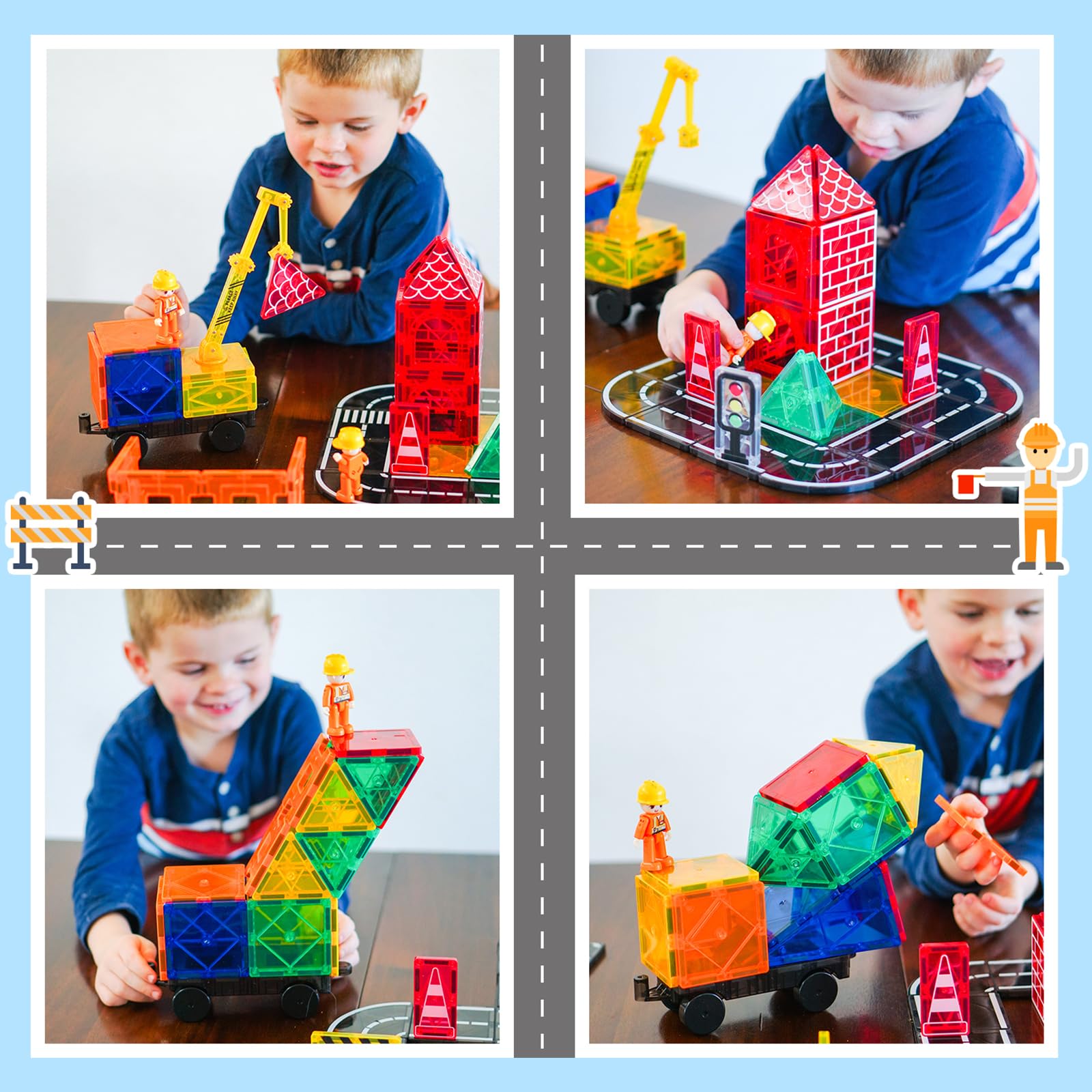 IGIVI Magnetic Tiles Road Set with Magnet Crane Car Toys, Construction Toys for Kids Ages 3-5 4-8 5-7, Creative Magnetic Building Blocks Toddler Toys, Gifts for 3+ Year Old Boys & Girls