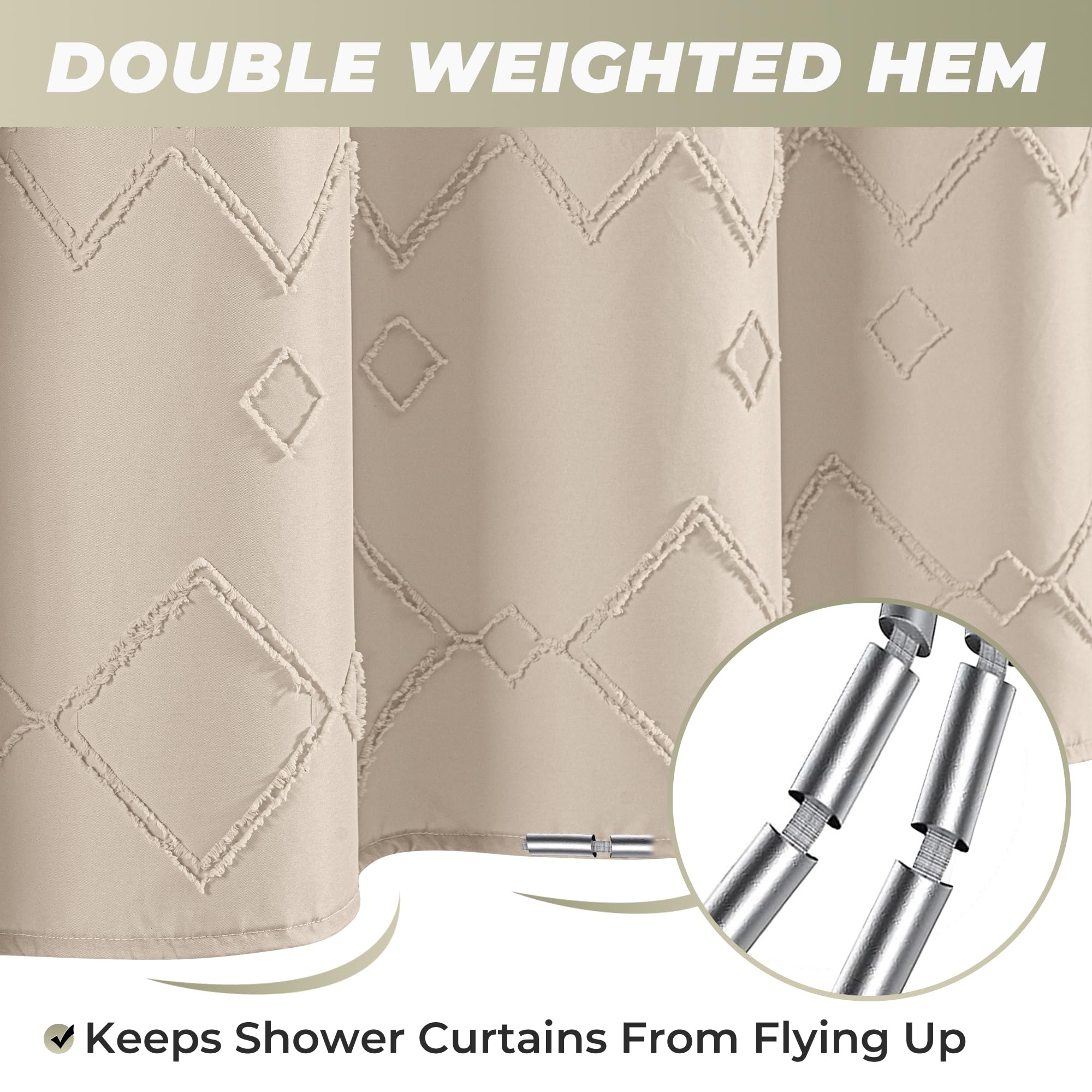 Seasonwood Beige Shower Curtain, Boho Woven Tufted Geometric Fabric Shower Curtain for Bathroom Modern Shabby Chic Textured Waterproof Farmhouse Cloth Shower Curtains, 72 x 72 Inches