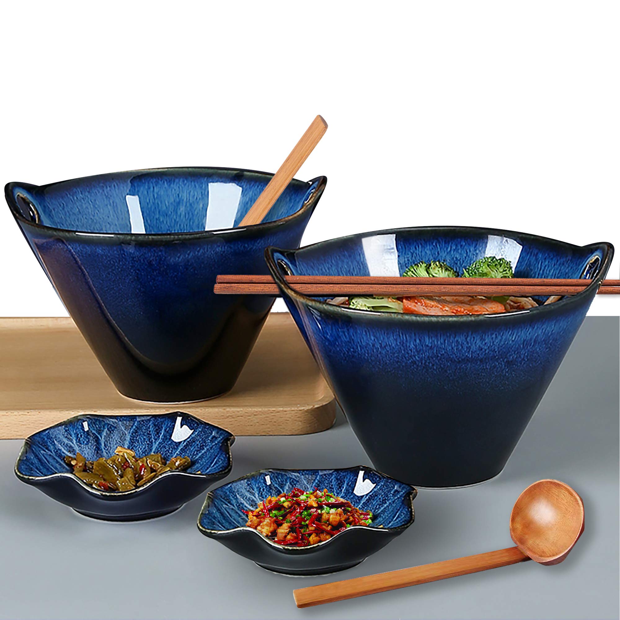Farielyn-X Porcelain Ramen Bowls Set of 2(8 pcs), 28 Ounce Japanese Ramen Udon Noodle Miso Bowl with Chopsticks & Spoons & Dipping Dishes, Unique Reactive Glaze Bowl, Dishwasher & Microwave Safe