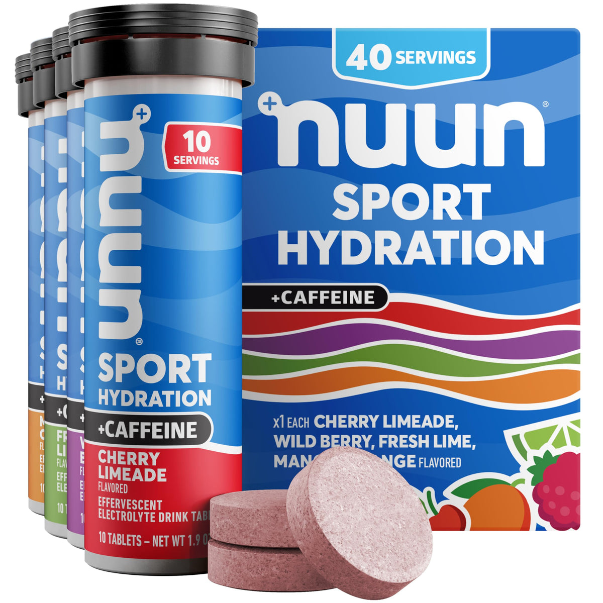 Nuun Sport + Caffeine Electrolyte Tablets - Dissolvable in Water, Mixed Flavor Box, 5 Essential Electrolytes for Hydration, 1g Sugar Drink Mix, Vegan, Non-GMO, 4 Pack (40 Servings)