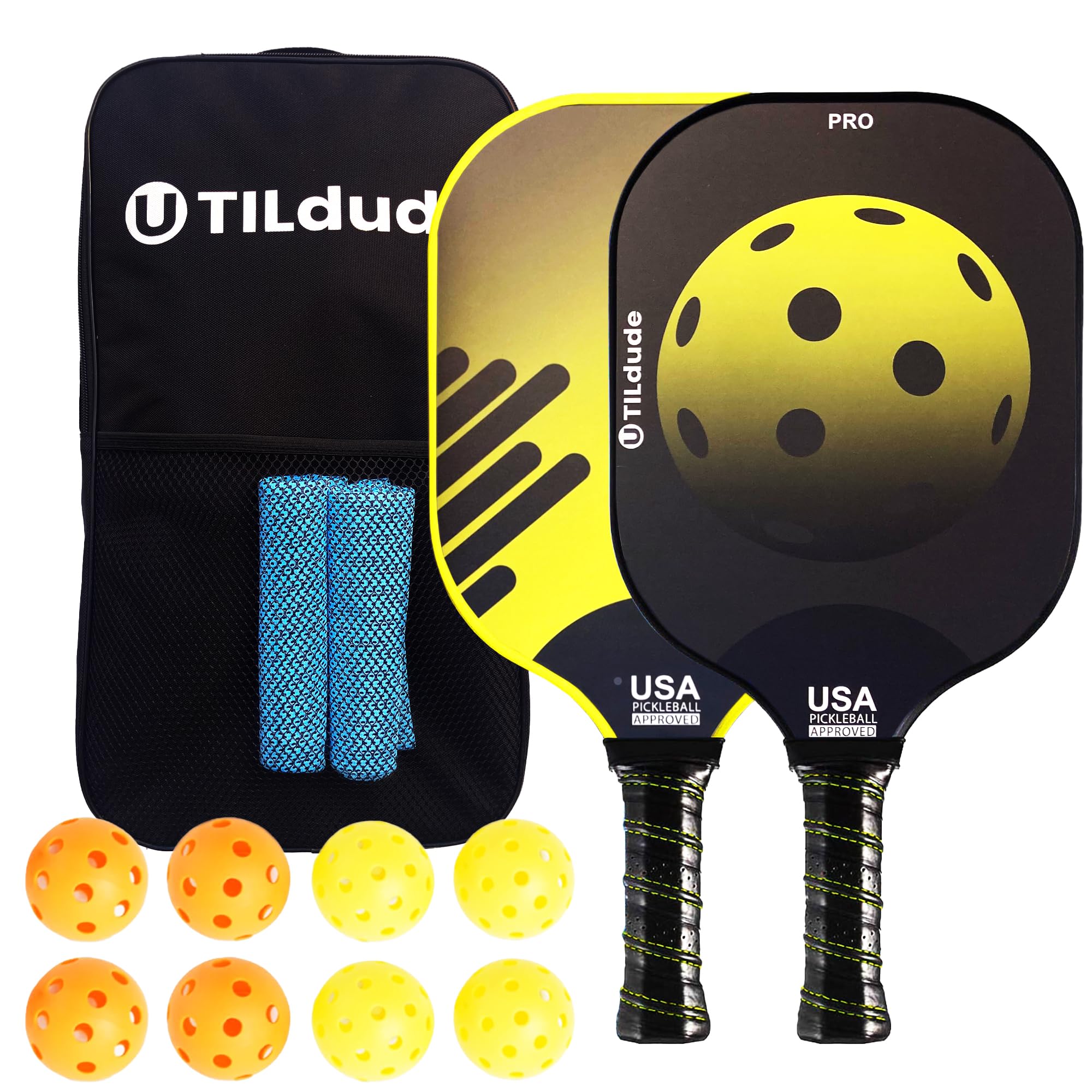 Pickleball Paddles - Lightweight and Durable for Players of All Levels, Pickleball Paddles Set of 2 with 8 Pickleball Balls, 2 Black and Yellow, Bag and 2 Towels, Pro Pickleball Model