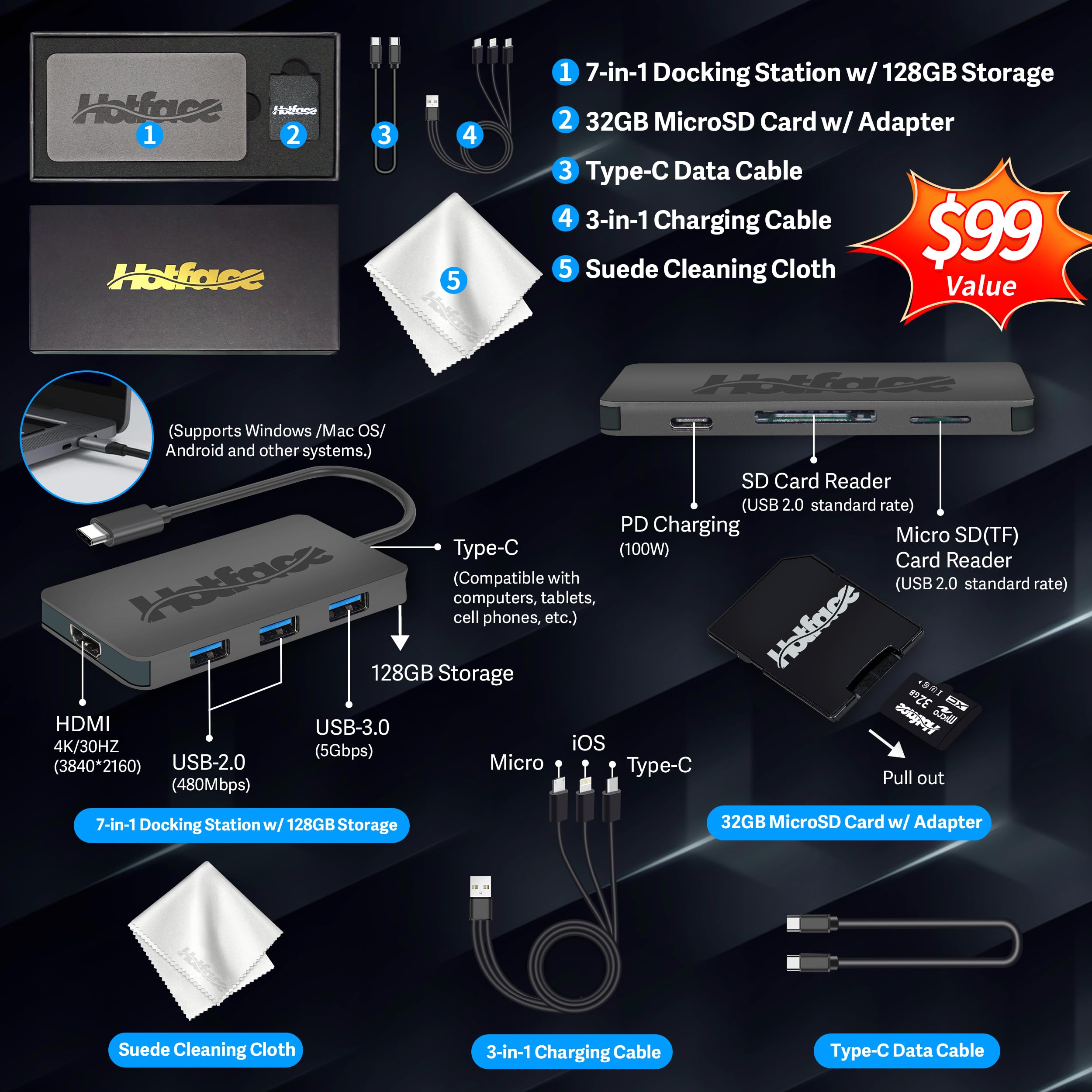 Lenovo IdeaPad Slim 3 Chromebook, 14″ FHD IPS Anti-GlareTouchscreen, MediaTek Kompanio 520, 4GB LPDDR4X, 224GB Storage(64GB eMMC+160GB Docking Station Set), Webcam, WiFi 6, Chrome OS, Blue