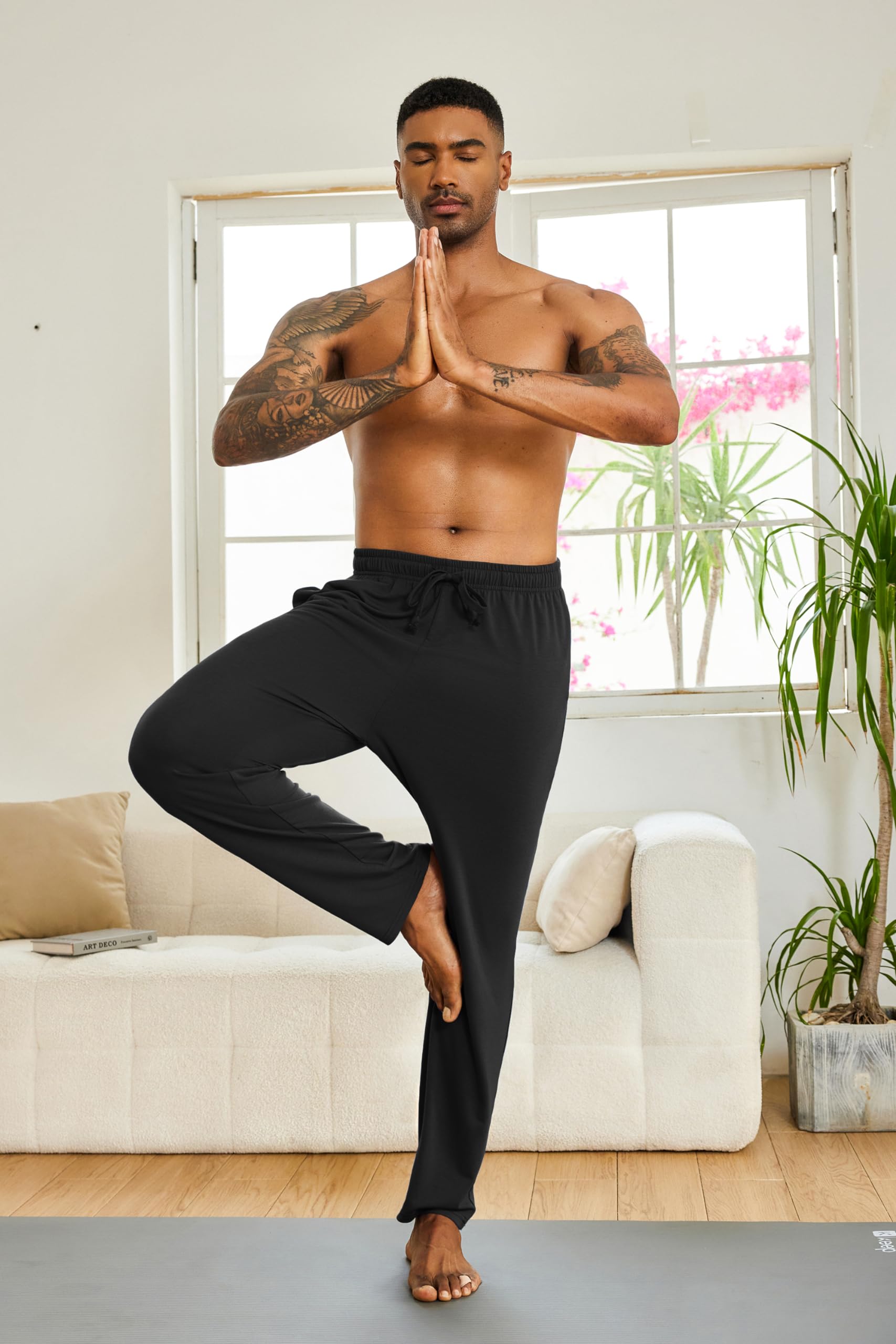 COOFANDY Men's Yoga Sweatpants Lightweight Open Bottom Lounge Pants Casual Drawstring Jogger Pants with Pockets Black