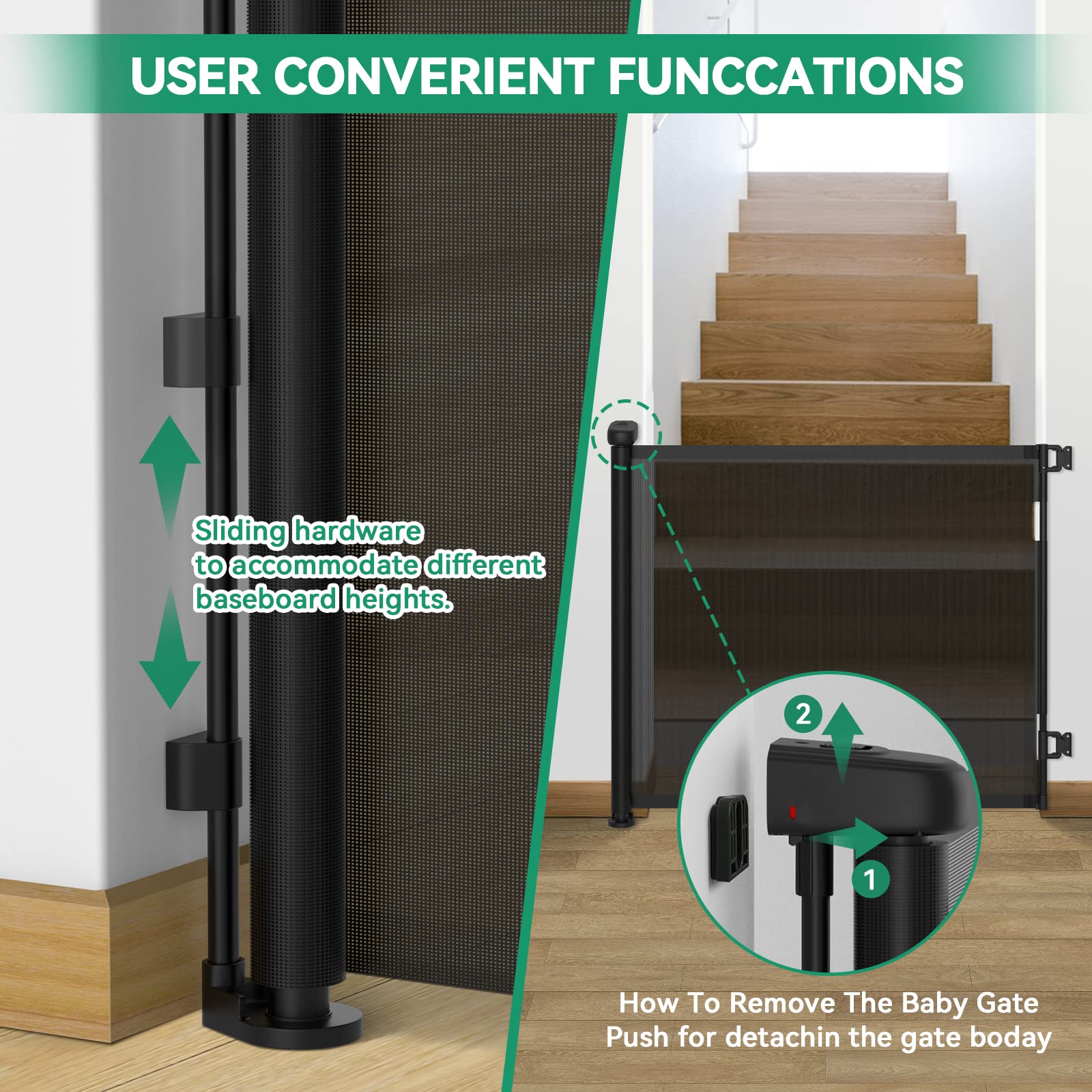 Retractable Baby Gate, 33" Tall, Extends up to 55'' Wide, Child Safety Baby-Gate, Dog Gate, Pet Retractable Gates for Stairs, Doorways, Hallways, Indoor and Outdoor