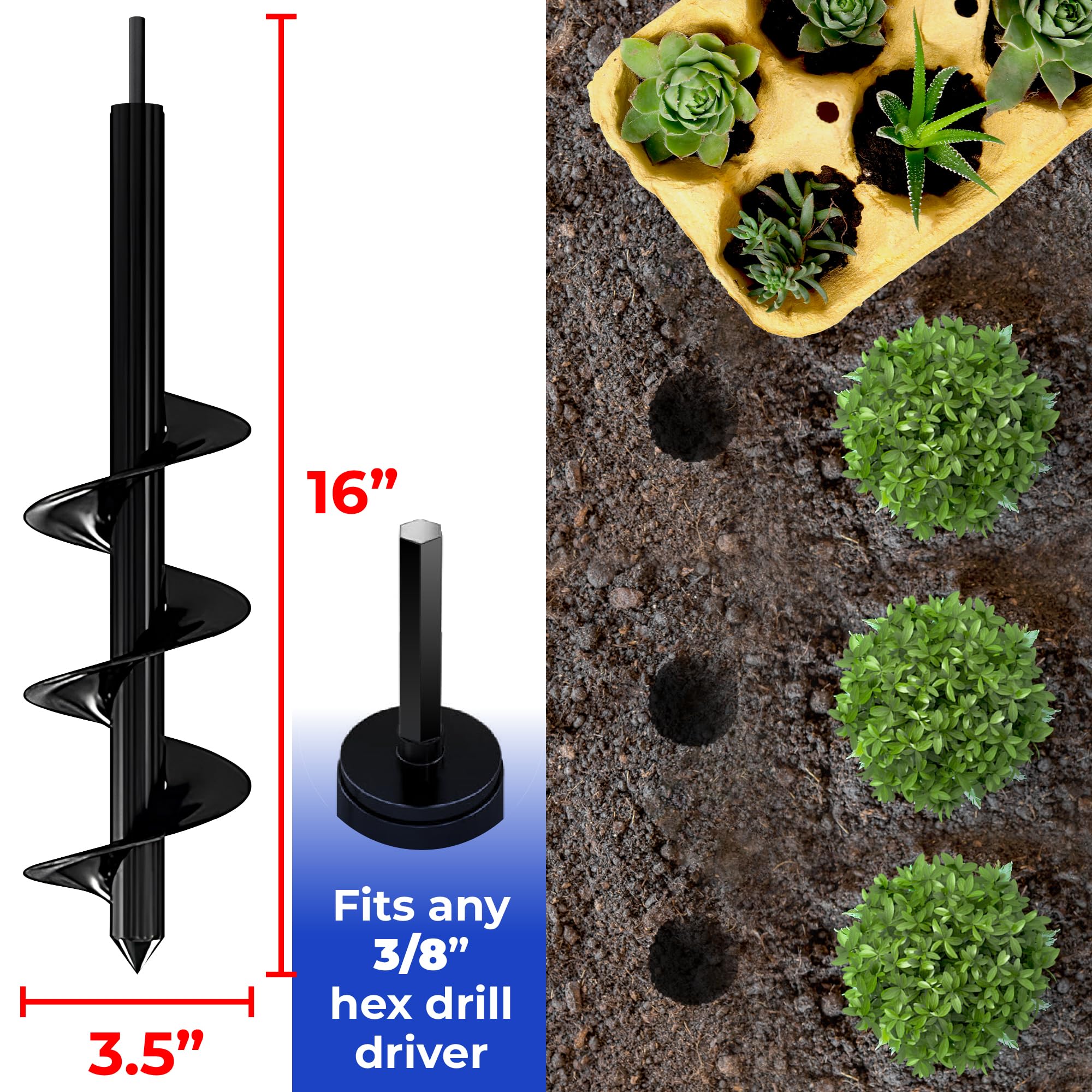 K-Brands Auger Drill Bit for Planting – 1.6 x 16 Inch & 3.5 x 16 Inch set - Garden Spiral Hole Drill and Bulb Planter Tool - Bedding Plants, Umbrella Holes - 3/8 Inch Hex Drive Drill