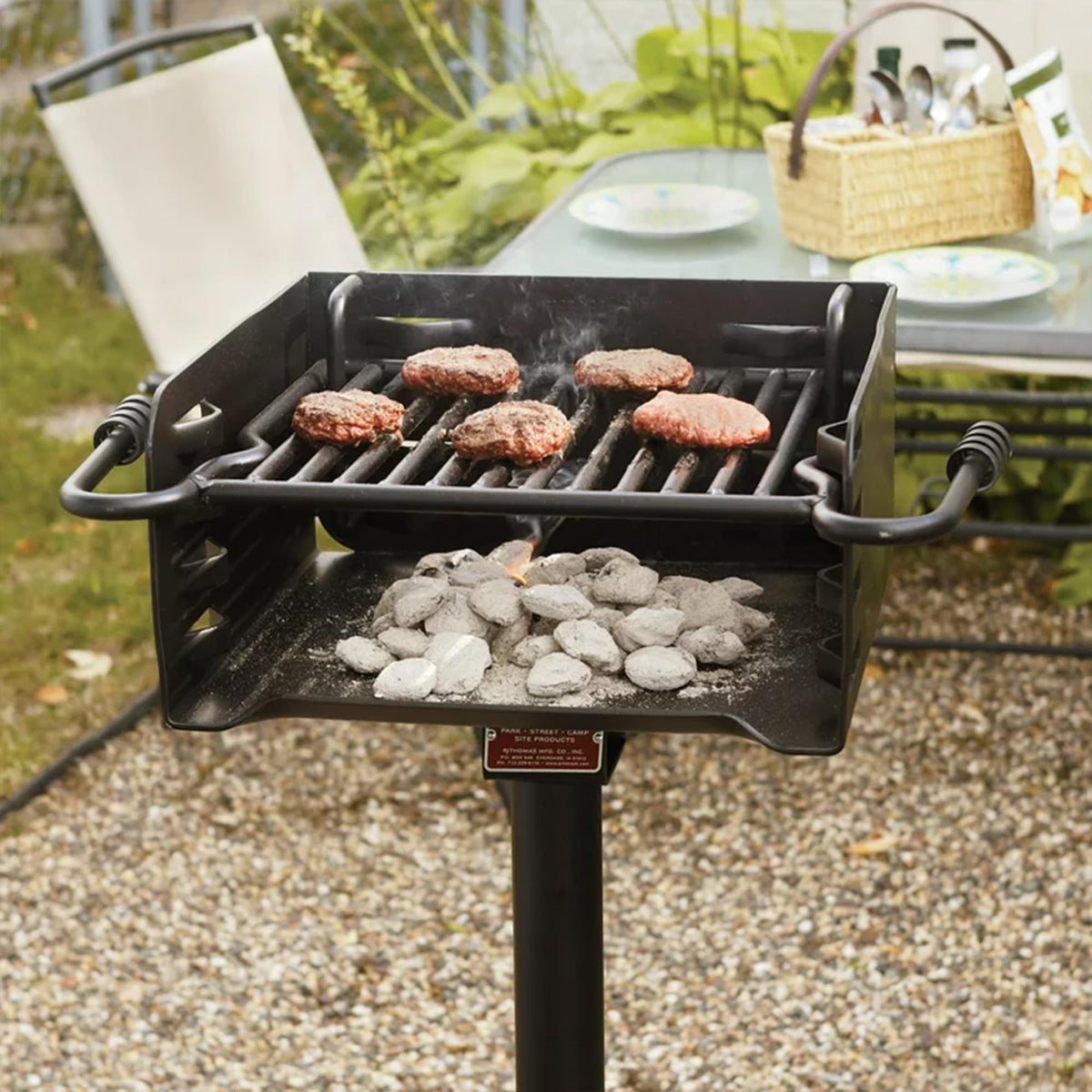 Pilot Rock Park Style Heavy Duty Steel Outdoor BBQ Charcoal Grill with Cooking Grate and 360 Degree Swivel Post for Camping or Backyard, Black
