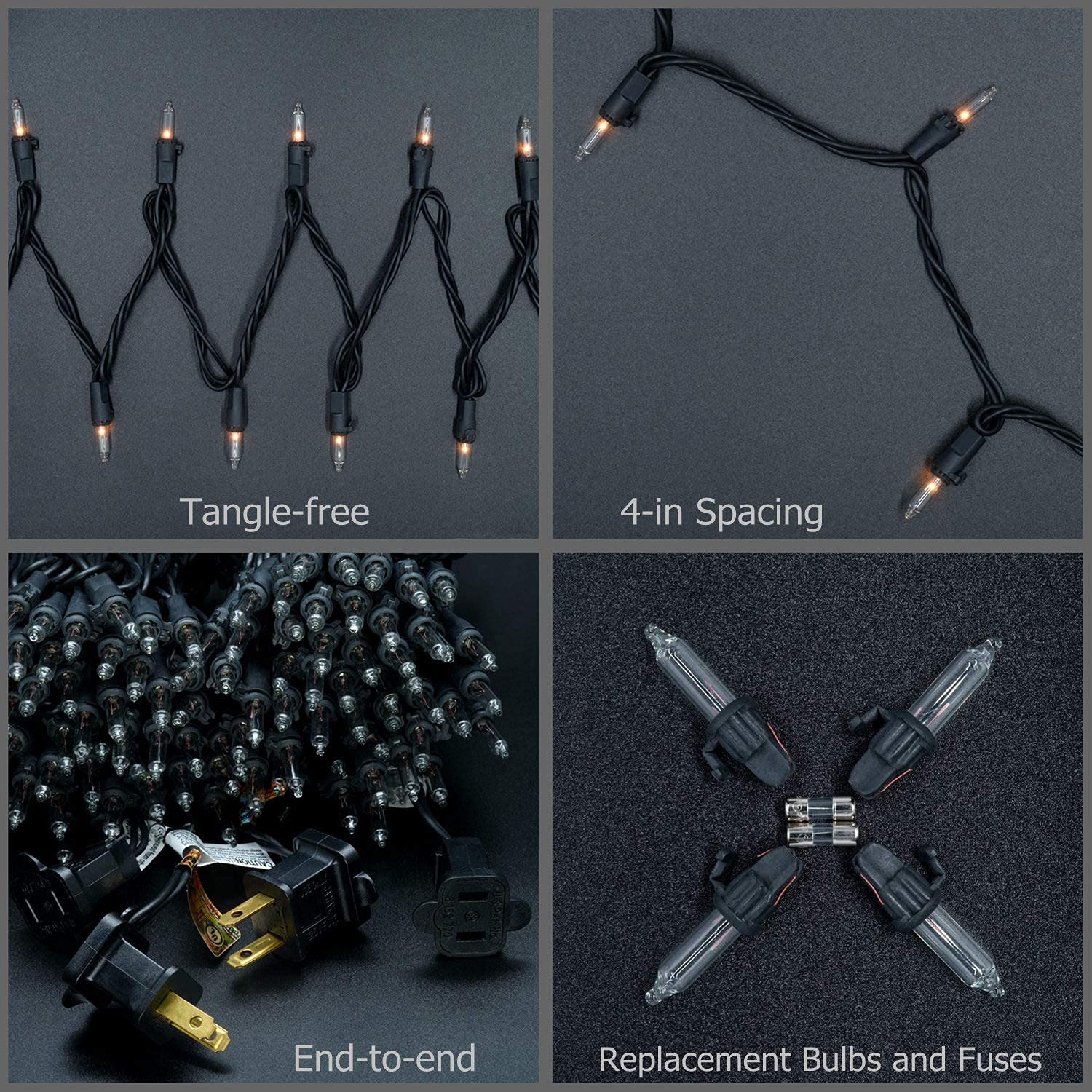 YULETIME Clear Christmas Lights with Black Wire, 66 Feet 200 Count UL Certified String Lights, Pack of 2 Sets 33 Ft 100 Count Incandescent Mini Light Set (Clear)