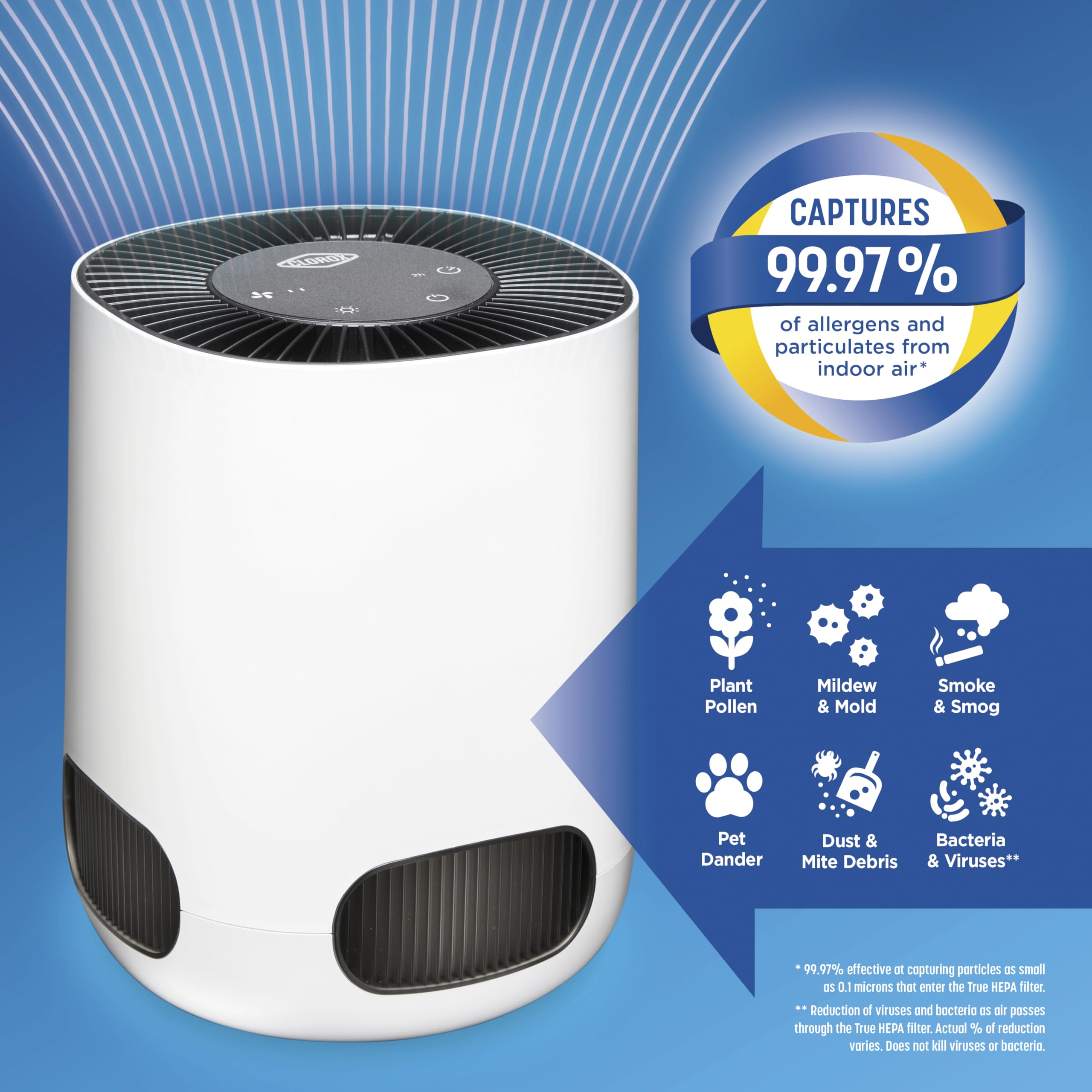 Clorox Air Purifiers for Bedroom Home, True HEPA Filter, Small Rooms Up to 200 Sq Ft, Removes 99.9% of Mold, Viruses, Wildfire Smoke, Allergens, Pet Allergies, Dust, AUTO Mode, Whisper Quiet