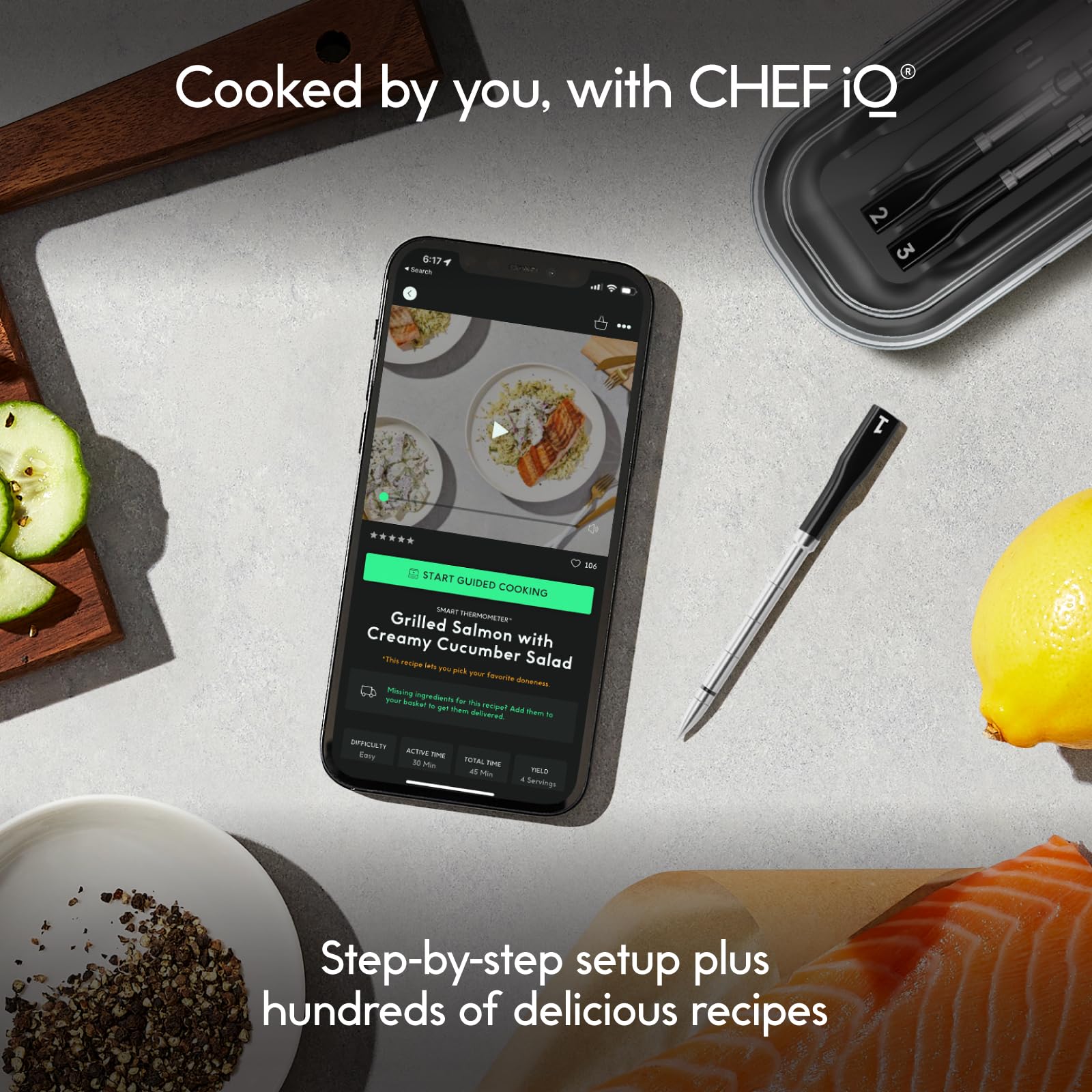 CHEF iQ Smart Wireless Meat Thermometer with 3 Ultra-Thin Probes, Unlimited Range Bluetooth Meat Thermometer, Digital Food Thermometer for Remote Monitoring of BBQ Grill, Oven