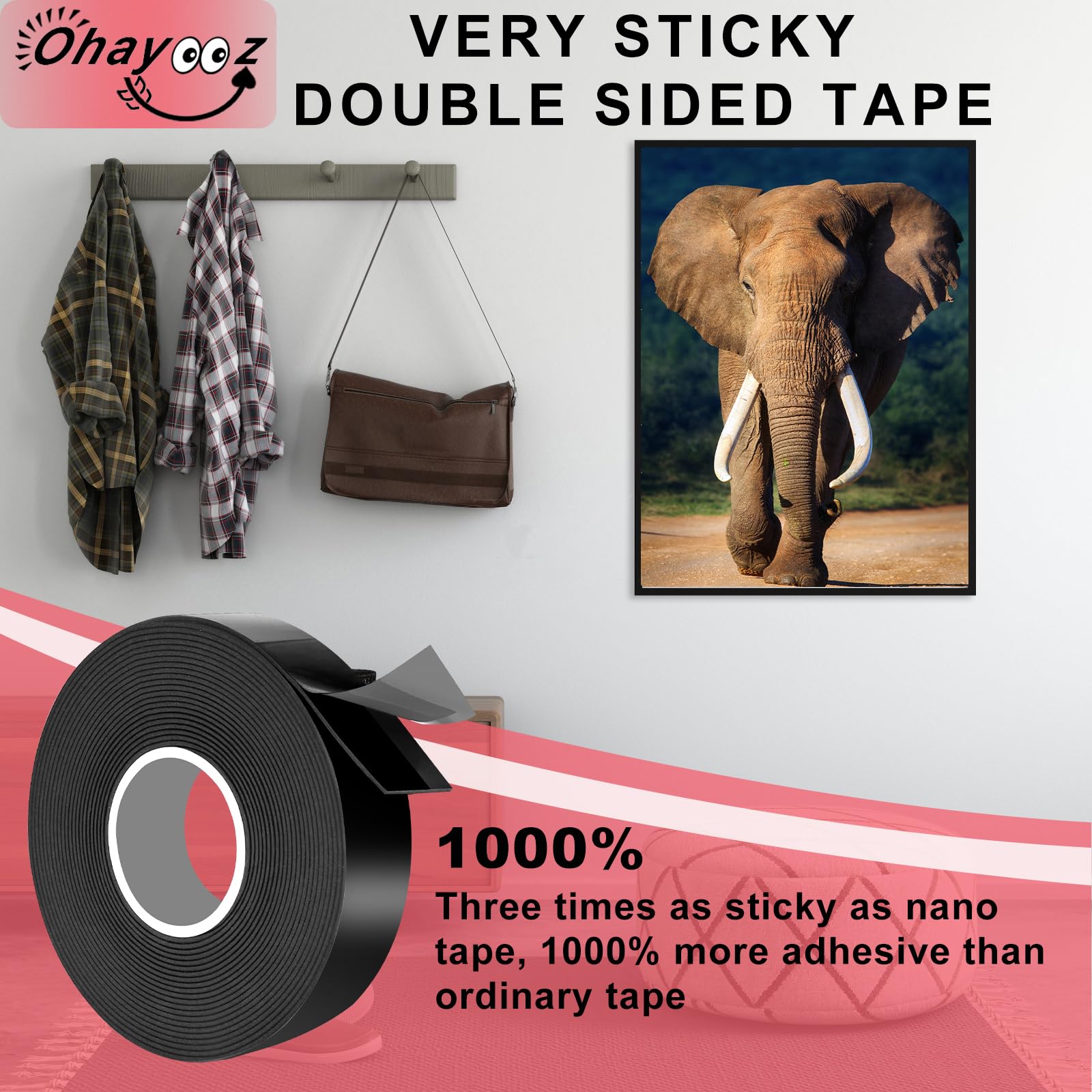 Ohayooz Extra Strong Double Sided Tape Heavy Duty 10FT, Very Sticky Adhesive Double Sided Mounting Tape Waterproof, Works Great Indoors and Outside, Walls, Automotive, Home Office Deco