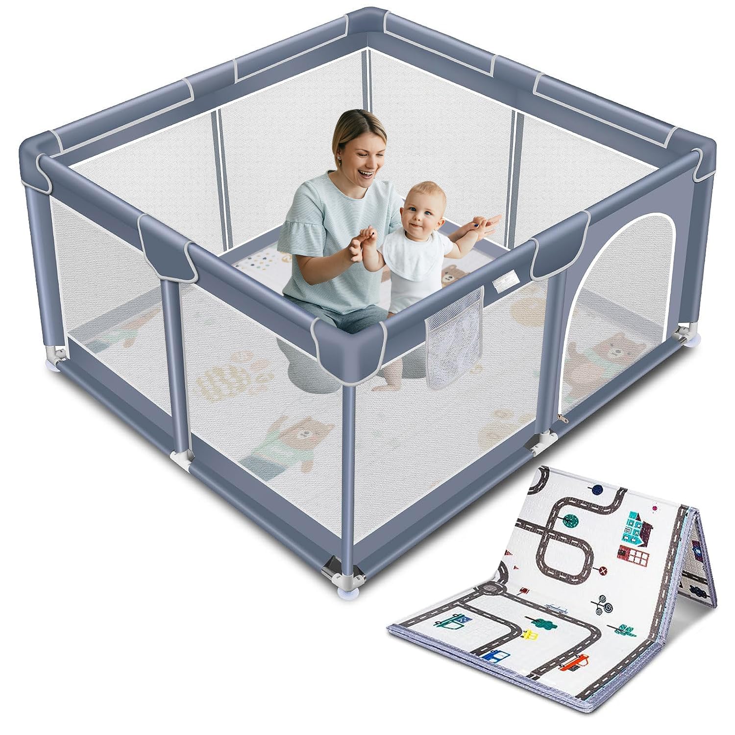 Suposeu Baby Playpen with Mat, Portable Baby Play Yard for Toddler, Safety Baby Gate playpen with Soft Breathable Mesh, Indoor and Outdoor, Large Kids Activity Centery (Grey)