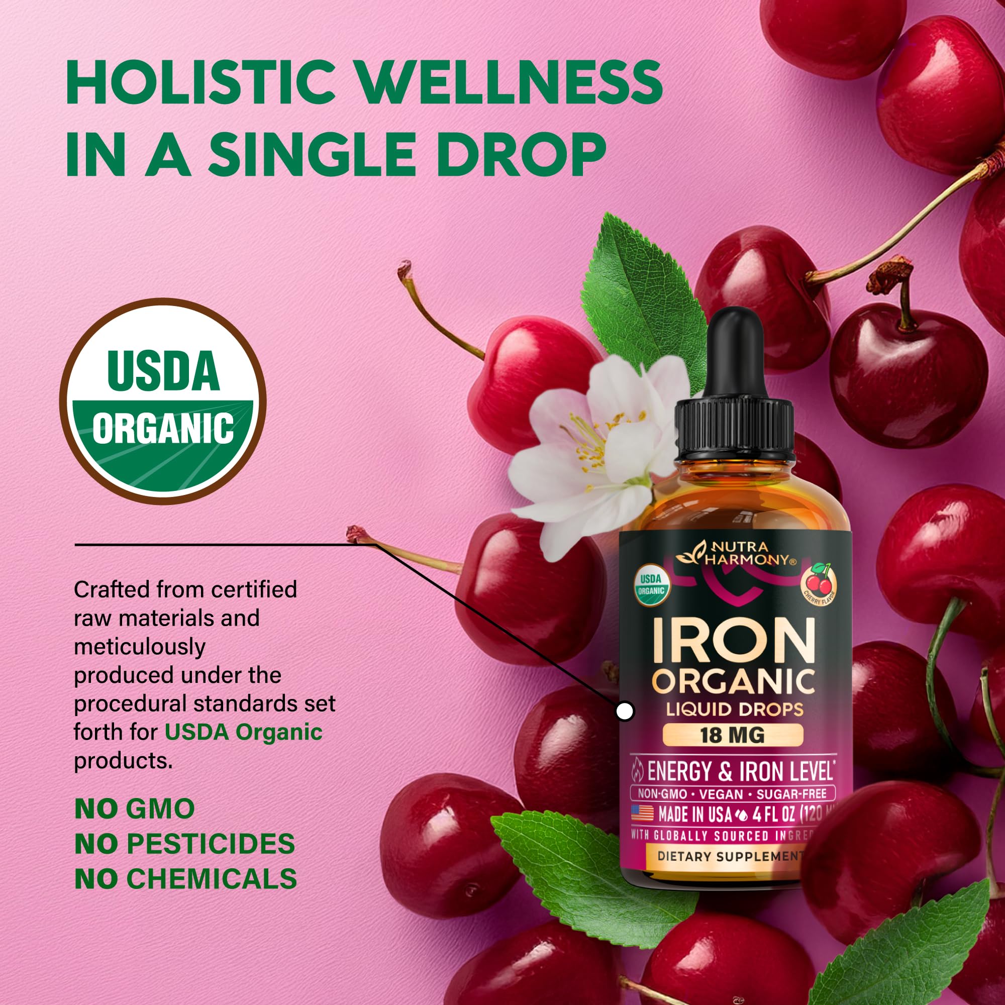Liquid Iron Supplement for Women 18 mg - USDA Organic Drops, USA-Made - with Folate, Vitamin B12 & B6 - Iron Level & Energy - Gentle & High Absorption Glycinate Form - Cherry Flavor, Sugar-Free, 4 oz