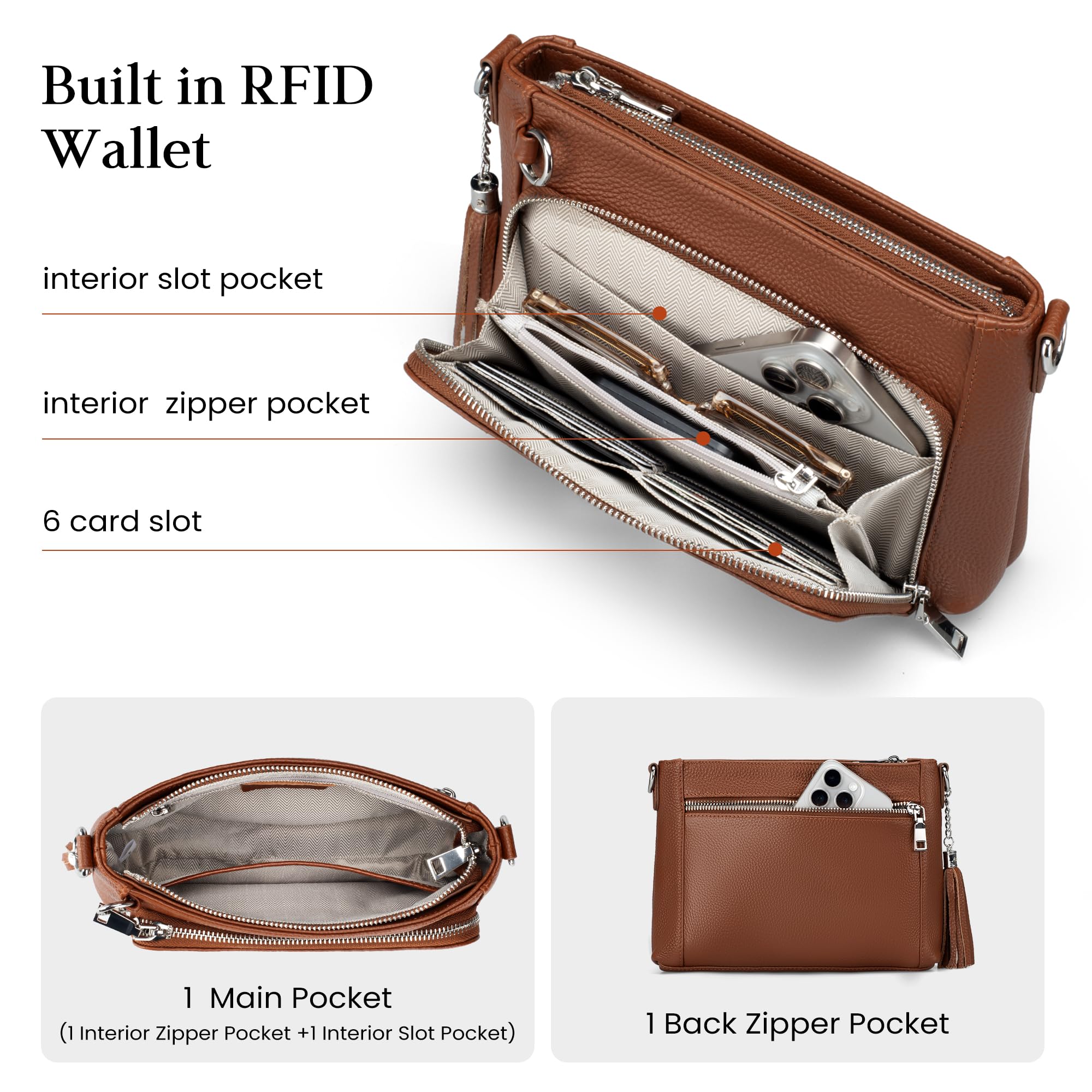 befen Genuine Leather Crossbody Bags for Women, Brown Leather Purse with Built in Wallet, RFID Blocking Anti Theft Crossbody Bags for Women, Travel Purse with Removable and Adjustable Strap