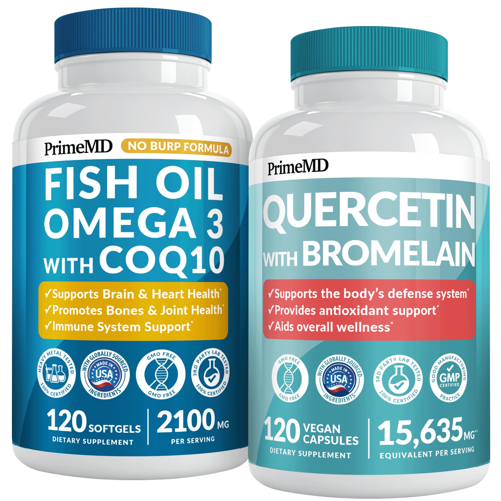 4-in-1 Fish Oil Omega 3 Supplements (2100mg) - Omega 3 Fish Oil with Vitamins D3 & K2 and CoQ10 & 28-in-1 Quercetin with Bromelain Supplement for Daily Immune Defense Support (120ct)